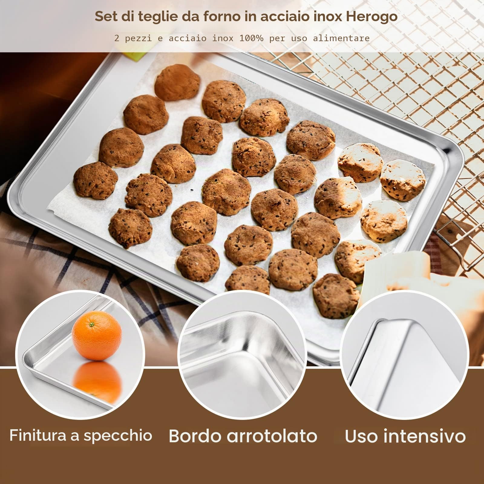 Herogo Set di 2 teglie da forno in acciaio inox (40,5 x 30,5 x 2,5 cm), grande teglia da forno per cuocere, lucida e antiruggine, atossica e sana, lavabile in lavastoviglie