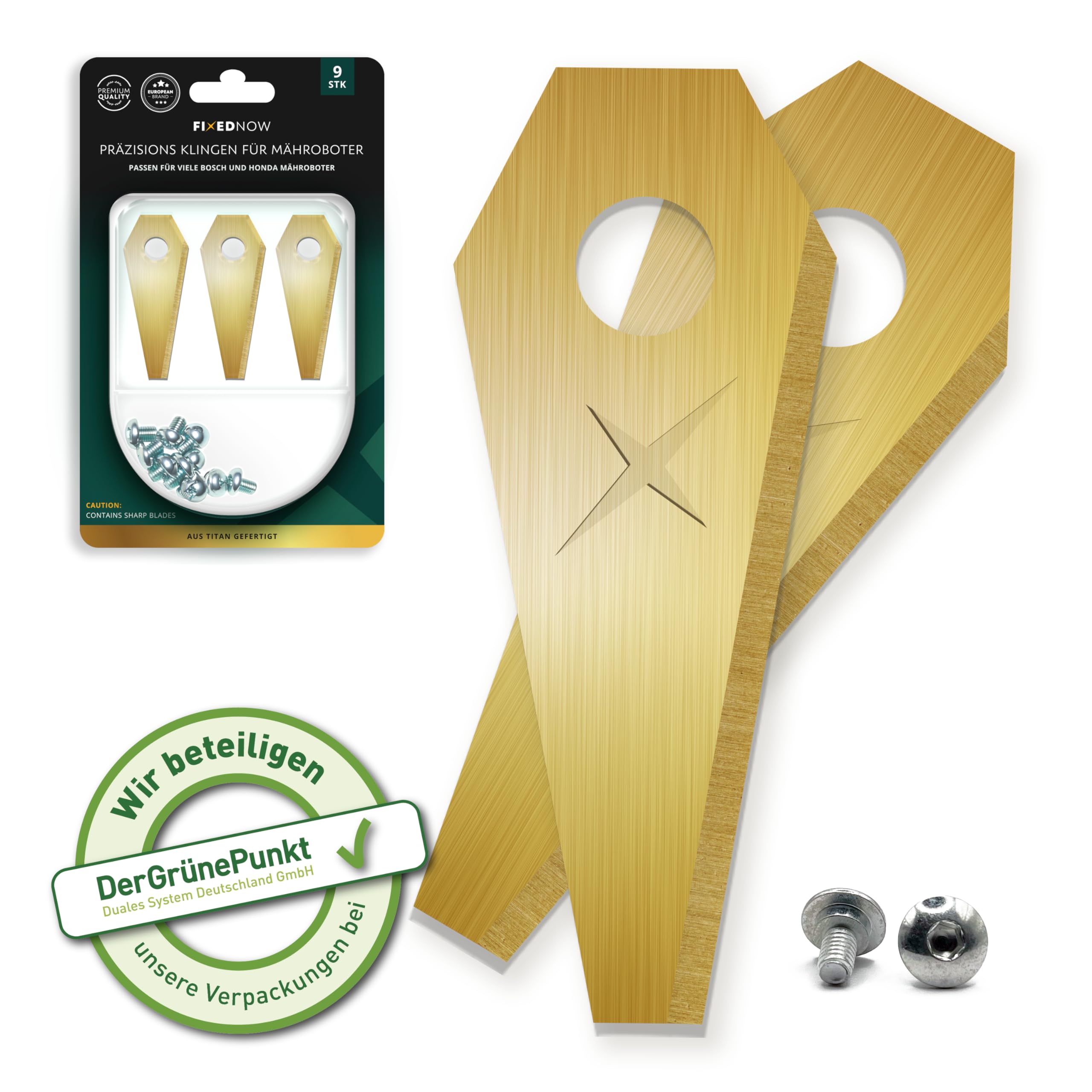FixedNow Titan Mähroboter Ersatzmesser Set [9st] Kompatibel mit Bosch Indego, und Honda HRM, Ultrascharfe, Ersatzklingen Rasenroboter Messerset, Ersatzteile für Automower, Messerklinge