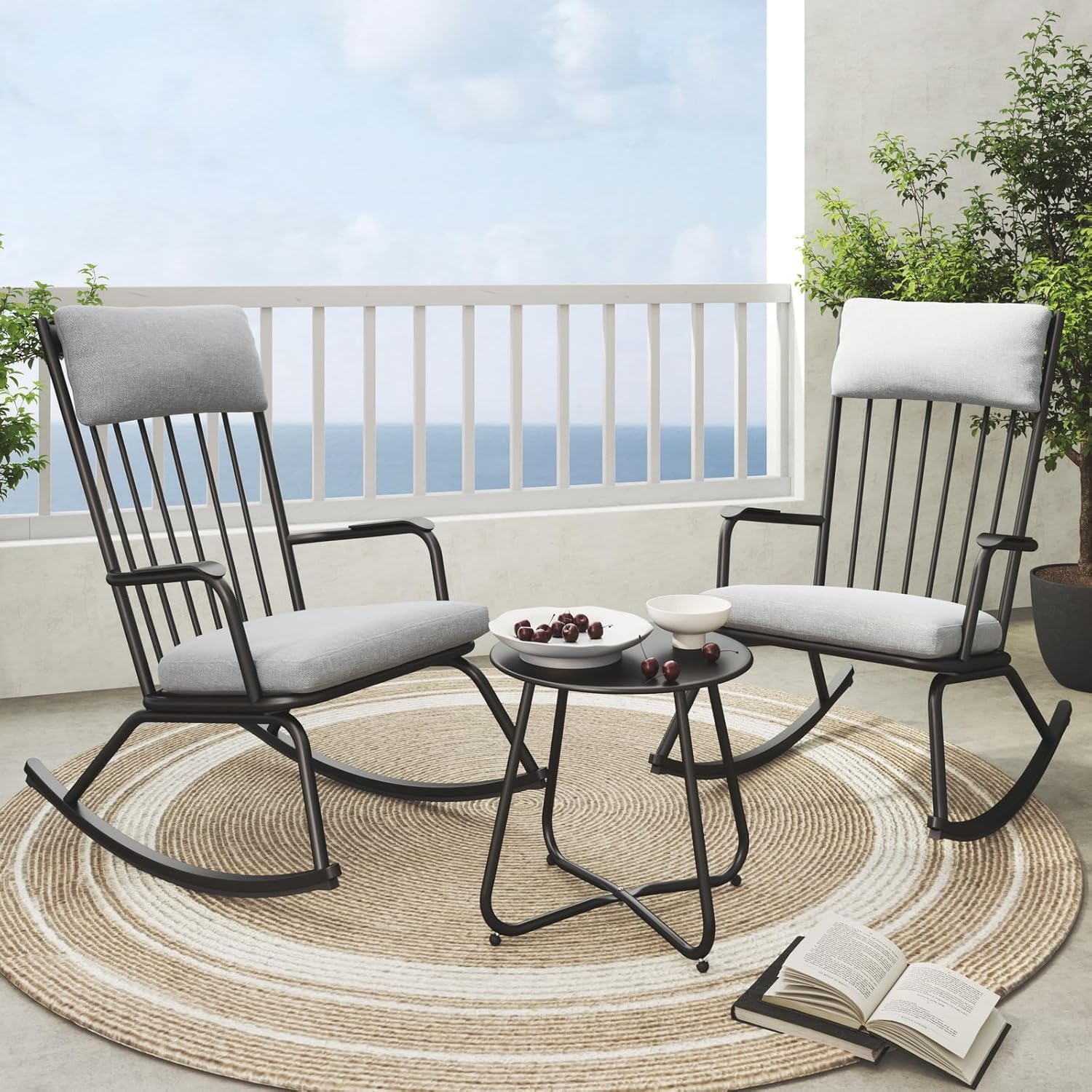 Grand patio Garten Schaukelstuhl Set mit Kissen und Beistelltisch, Outdoor GartenStuhl Schwingsessel bis 150 kg belastbar für Garten, Schlafzimmer, Wohnzimmer, Ecke, Veranda, Rot (Schwarz)