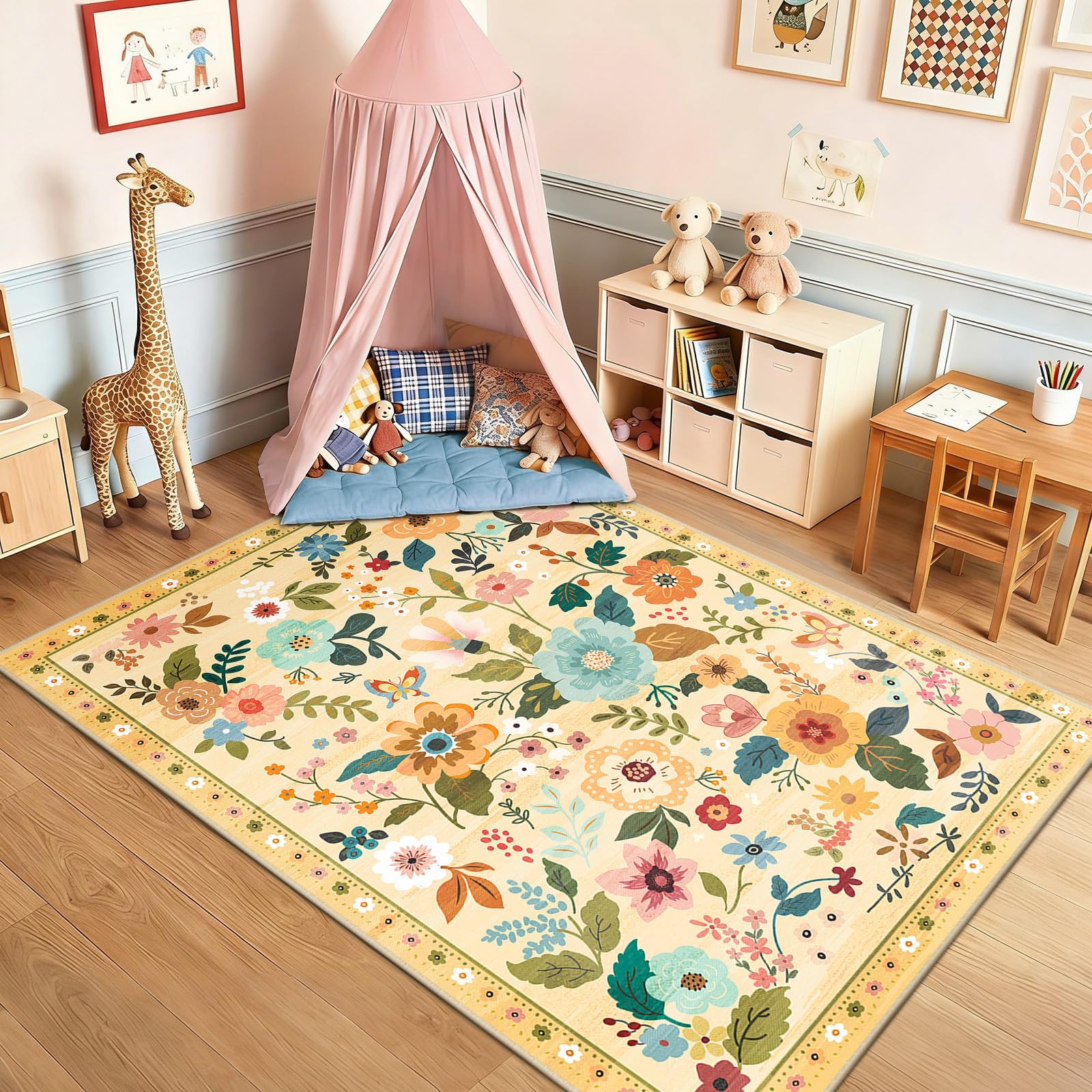 DEFYNEE Machine Washable Rugs Living Room, 120ร180cm Floral Rug, Non-Slip Low Pile Boho Vintage Floral Carpet with Printed Design for Kids Room, Bedroom, Kitchen, Entryway, Lounge, Ivory/Yellow โ image 1