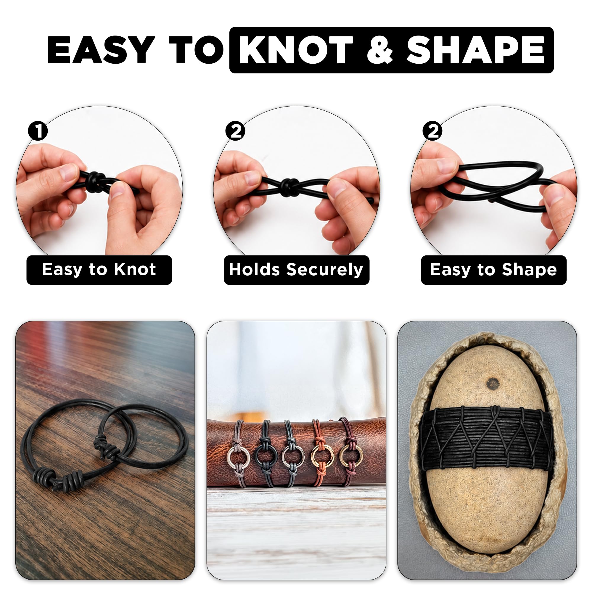 Okrągły skórzany sznurek, 3 mm, sznurek do produkcji biżuterii, bransoletek, naszyjników, plecionek Kumihimo, owijania, rękodzieła, hobby i projektów DIY, czarny