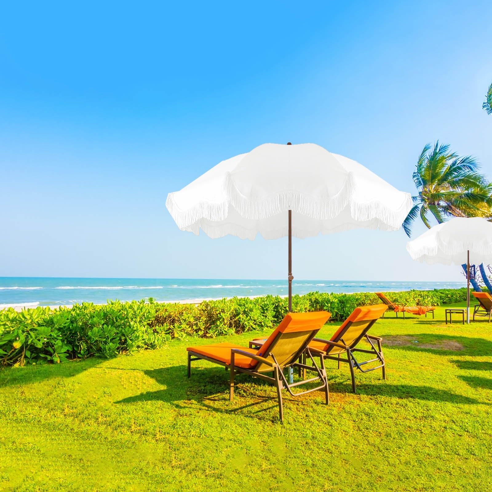 ELZEM 180cm Sombrilla Playa Antiviento Blanco Parasol Jardin Protección UV50+ Sombrilla Terraza Con Flecos Parasol Terraza Inclinable Para Terraza Jardin Piscina/Bolsa De Transporte 8 Varillas