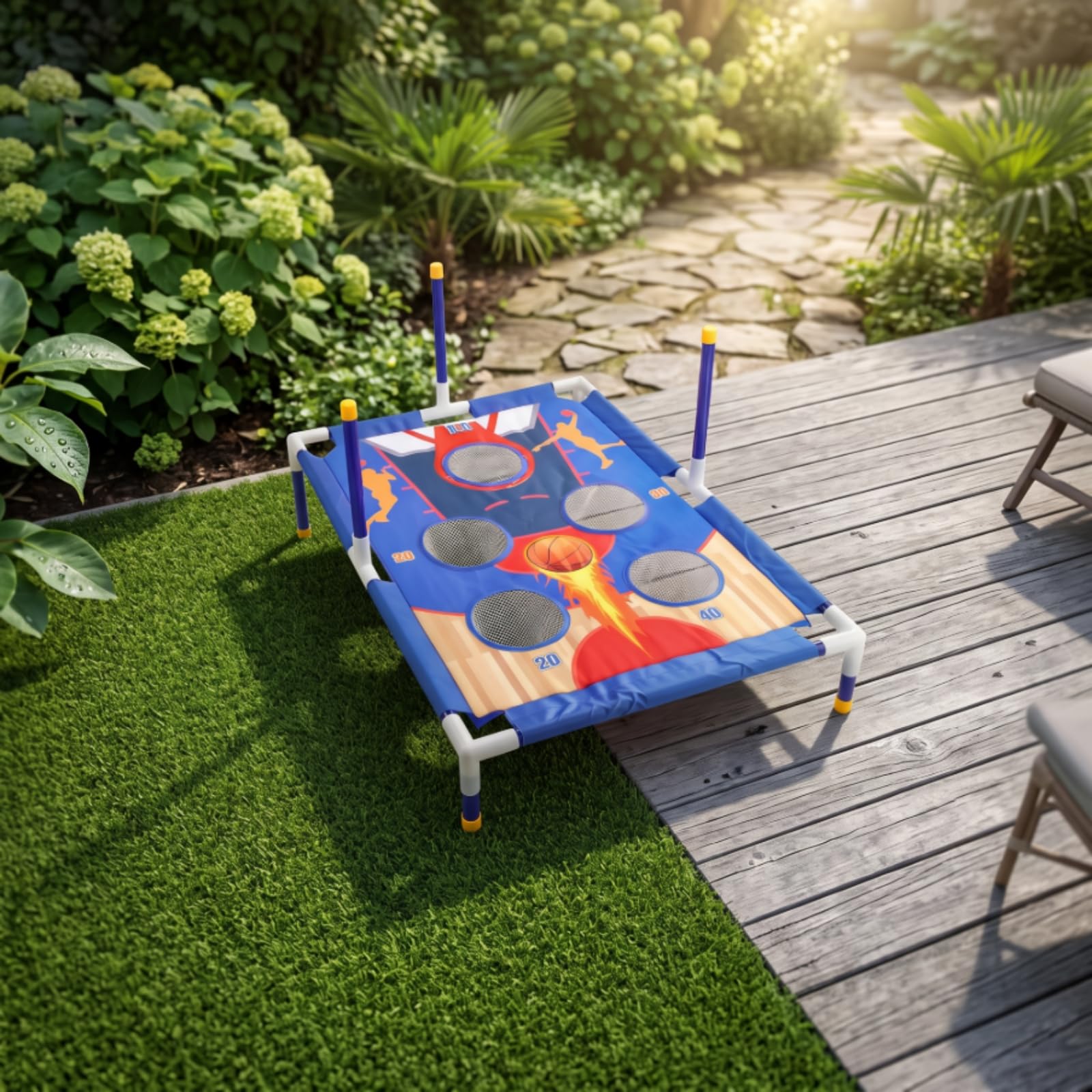 Gioco Lancio Anelli per Bambini con Tabellone Rialzato Set Sportivo con Fori Punteggio Anelli Piccoli Più Tre Grandi Telaio con Gambe Coordinazione