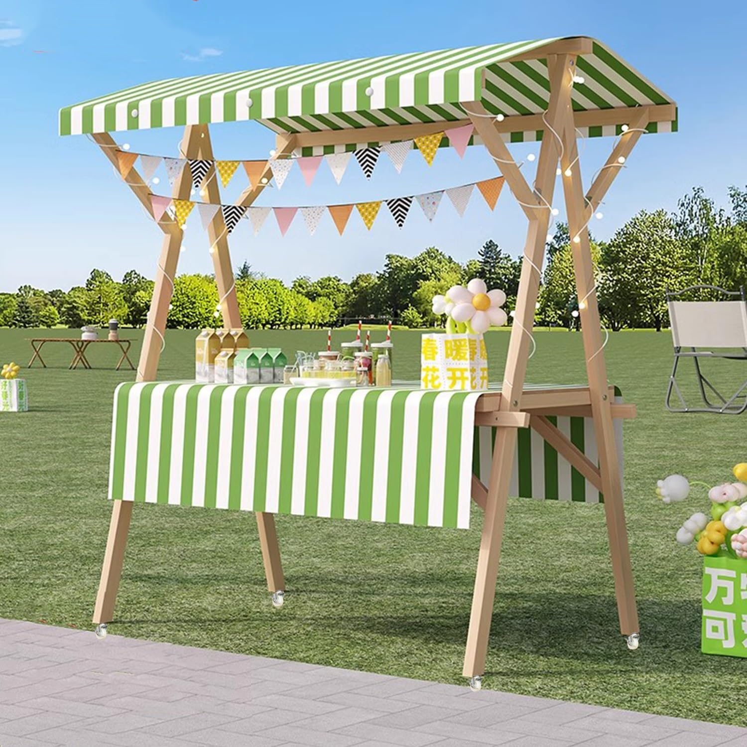 Heavy Duty Pieghevole Legno Venditore Carrello 500kg carico Sunshade LED Luce Chiudibile Rotelle di Mercato Portatile Stallo per Food Craft Fiori Vendita Facile Configurazione