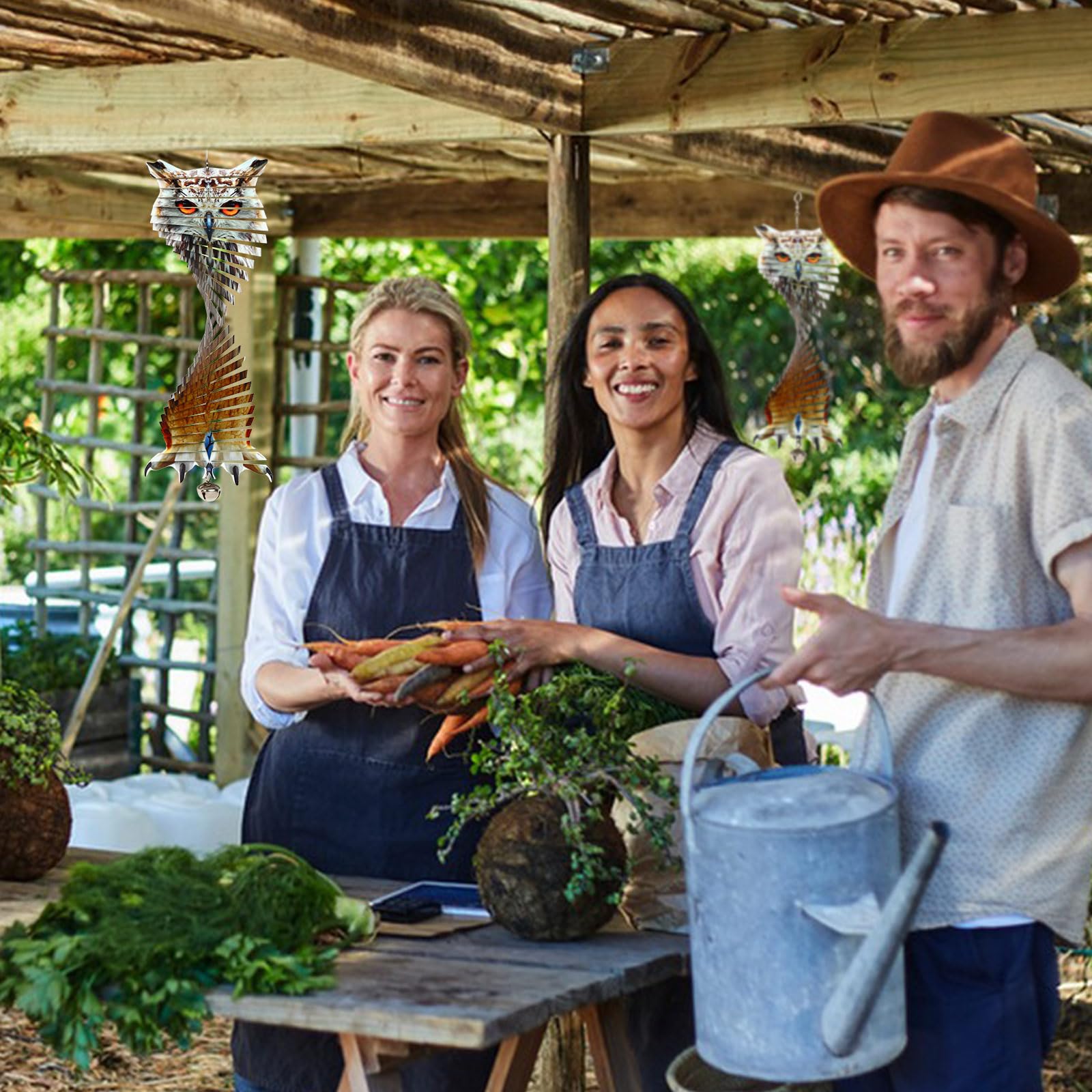 Zzbakress 2-in-1 Metal Wind Spinners with Double Sided Owl Picture Bird Reflector for Window, Outdoor Patio, Garden, Farm (1, 12x5.6 in)