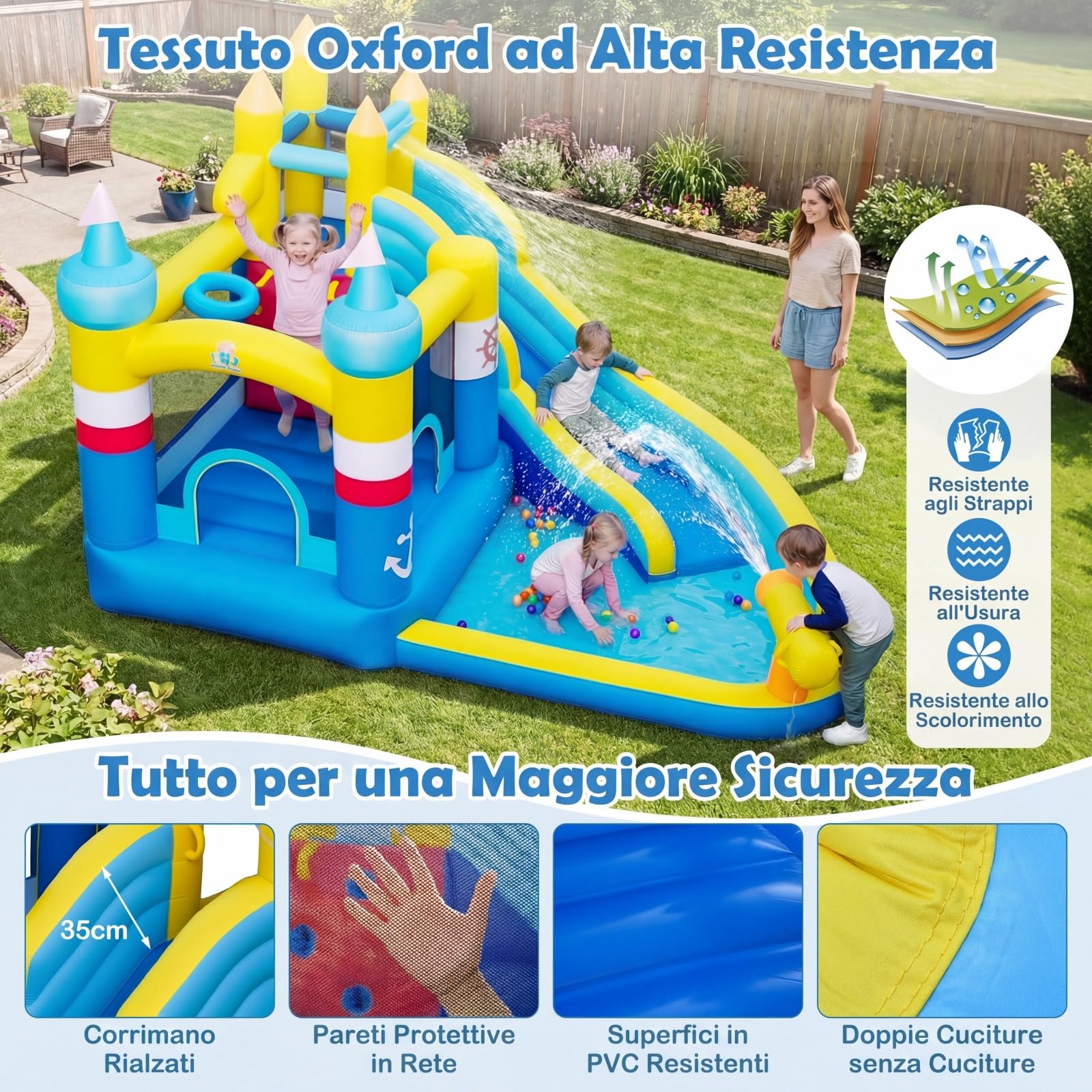 COSTWAY Castello Gonfiabile per Bambini, Casa Gonfiabile con Piscina Splash, Cannone d'Acqua, Area di Rimbalzo, Scivolo Lungo, Parete d'Arrampicata, per Bambini 3-12 Anni (Senza Soffiatore)