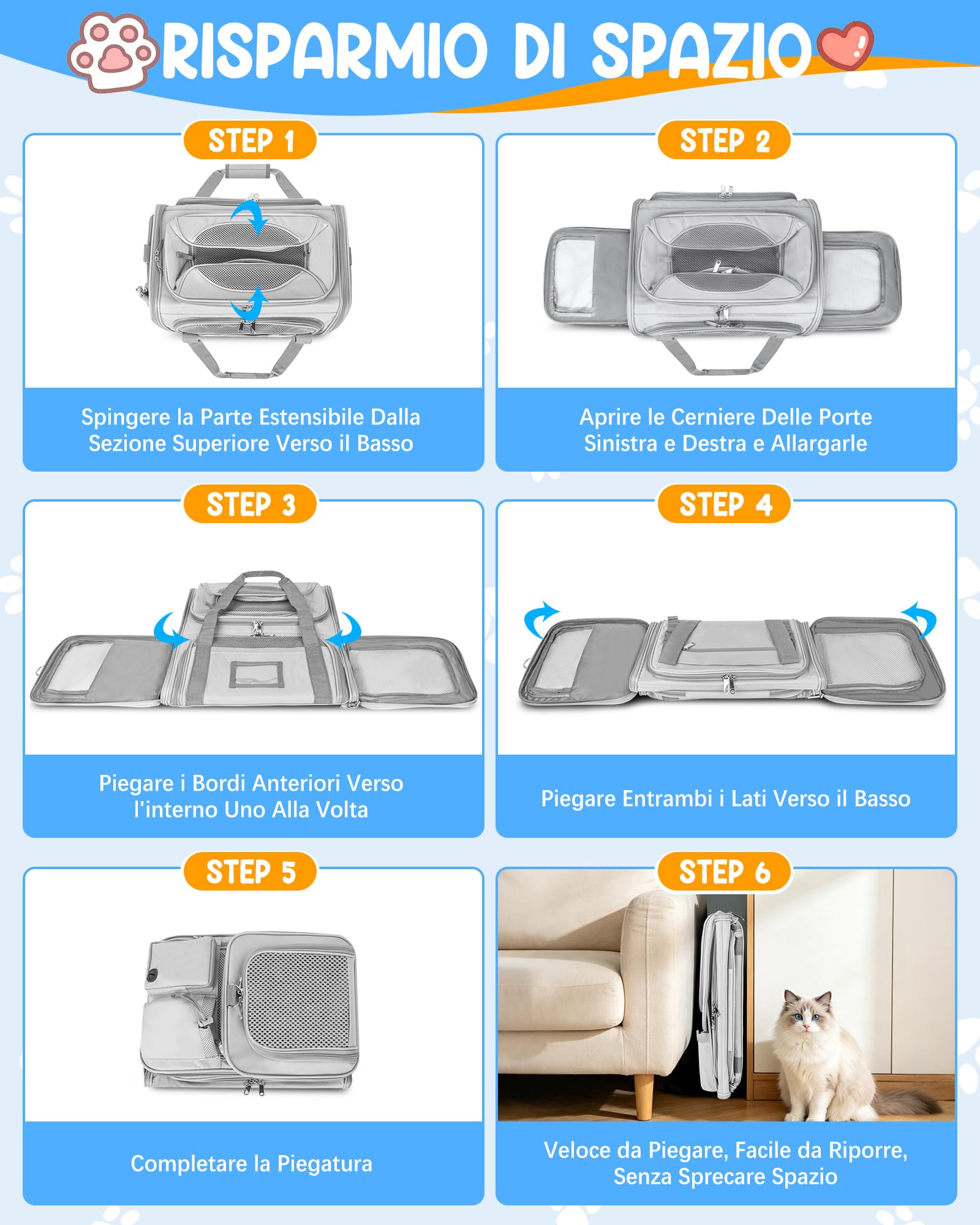 Trasportino Gatto Morbido Pieghevole Approvato Aereo Espandibile Borsa Viaggio Gatti Gatto Pieghevole Fino a 10kg Morbido Pet Carrier per Cani con Cuscino Lavabile e Guinzaglio Interno