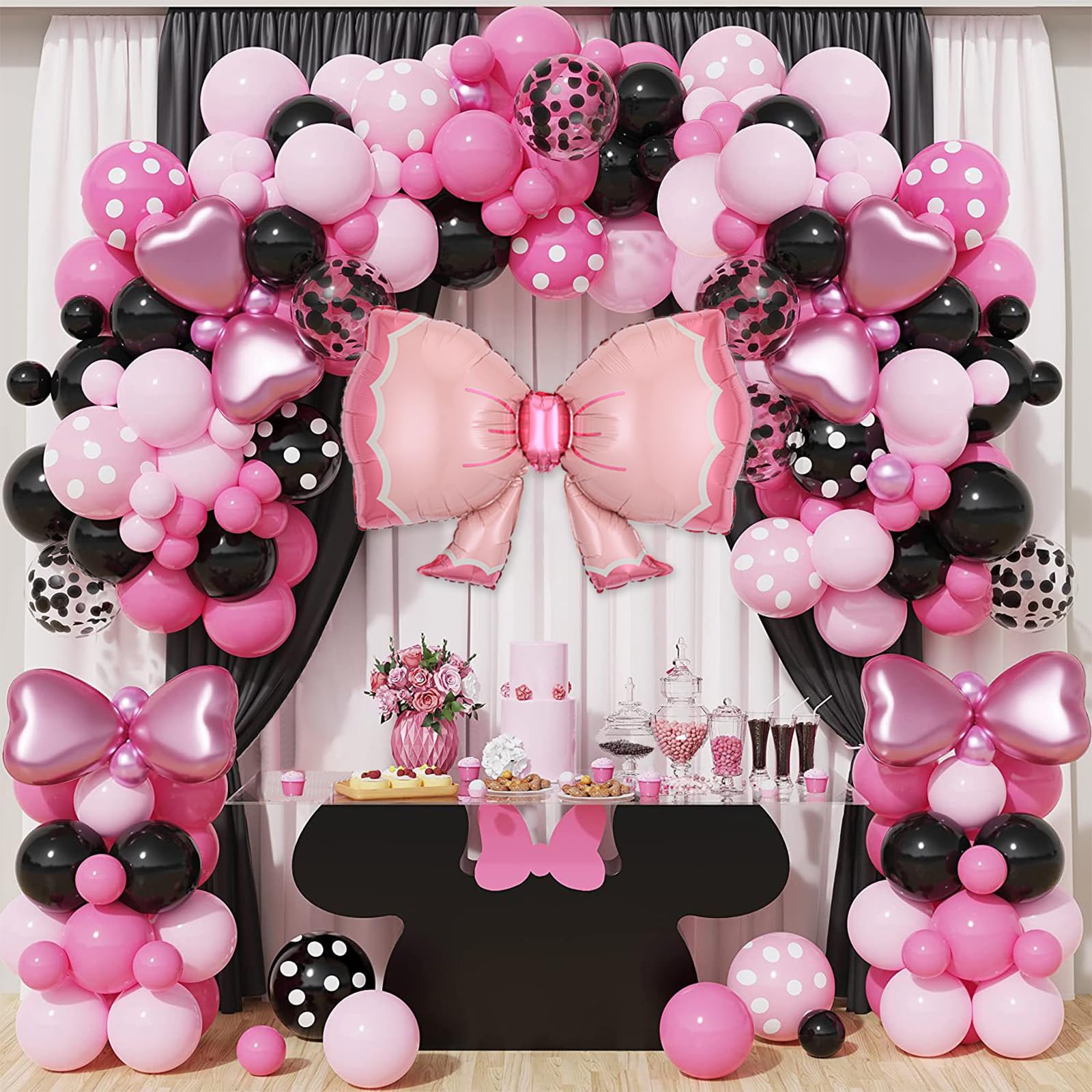 Pink Theme Birthday Balloons Garland Arch Kit, 143Pcs Pink Cartoon Mouse Birthday Party Decorations Balloons Girl Party Decorations Supplies