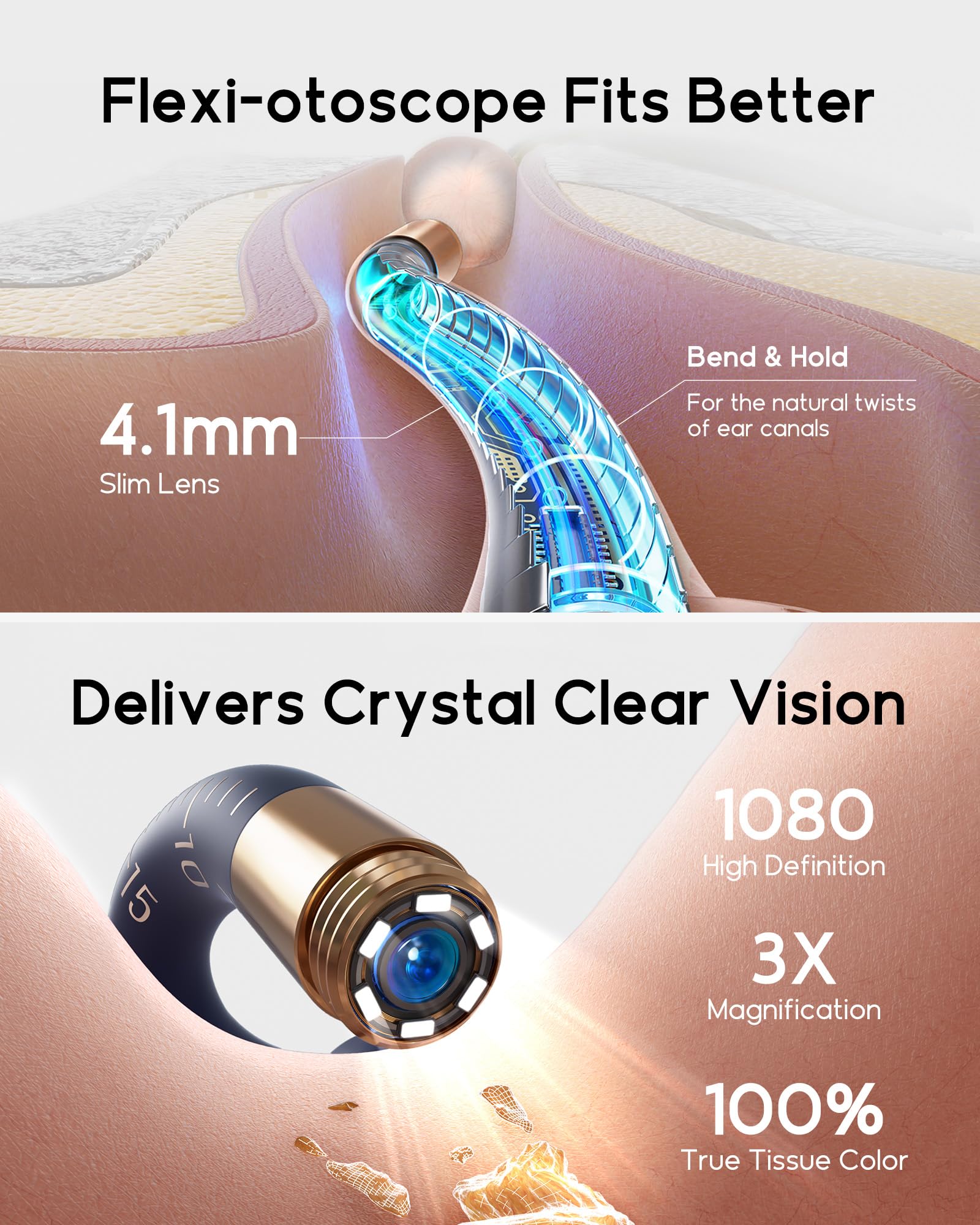 Earsight Plus Ohrenschmalz-Entfernungsset zur Kamera-Reinigung, HD drahtloses Otoskop, flexible Linsen aus Silikon, schmerzfreie Ohrpinzette und Reinigungstipps für