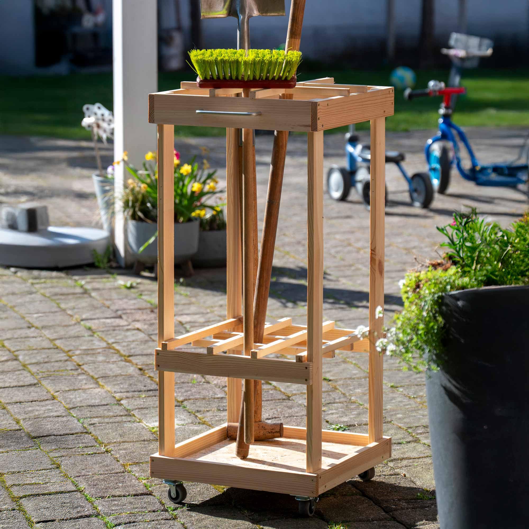 dobar® Organizador de herramientas de jardín con ruedas - Soporte móvil de madera para herramientas de jardín - Estante de herramientas de jardín enrollable para jardín, garaje y cobertizo - 38 x 38 x