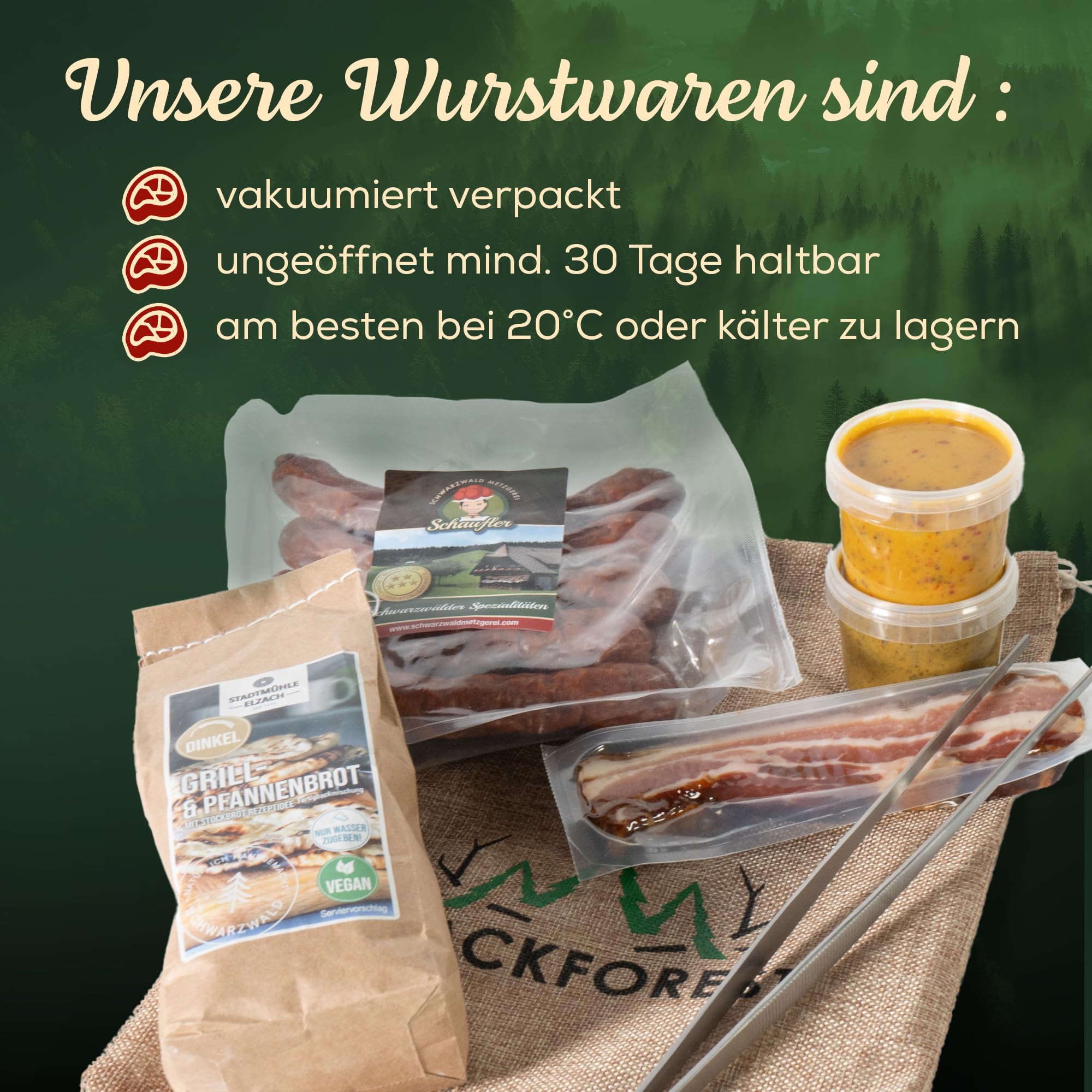 Grill Geschenkset 7-teilig im Jutesäckchen – Schwarzwald Spezialitäten mit Grillzange, Speck, Bauernwürsten, Dips & Brotbackmischung – Geschenk für Männer & Grillfan