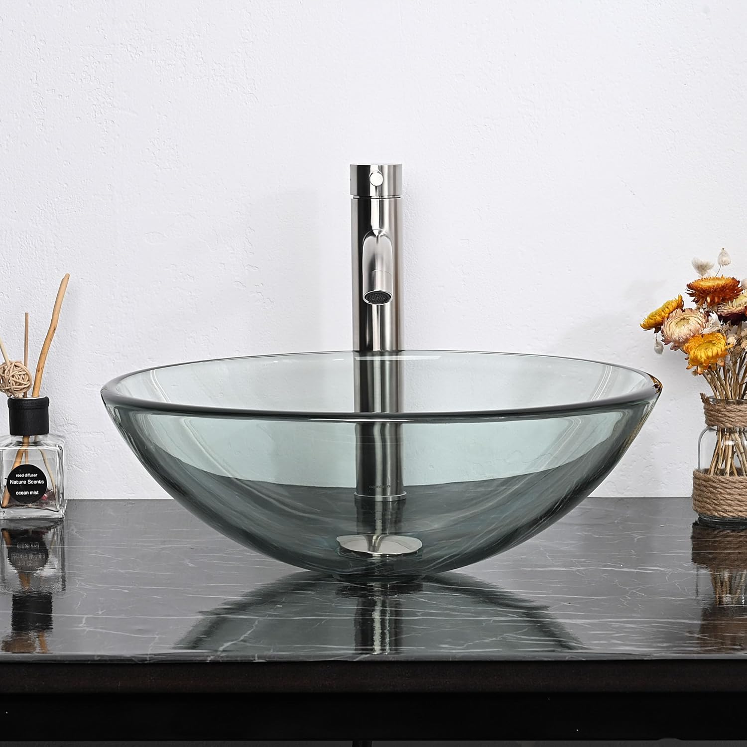 Aquaterior Tempered Glass Bathroom Vessel Sink 16" Round Countertop Vanity Basin Bowl Transparent Minimalist Modern