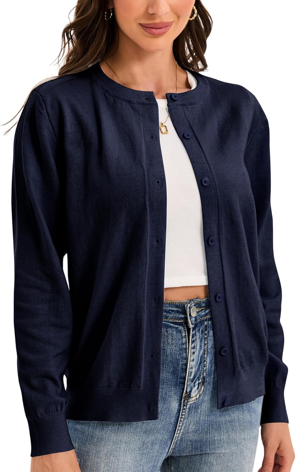 Womens Cardigan Sweaters Basic Button Down Casual Dressy Classic Crewneck Spring Long Sleeve Tops (S-2XL)