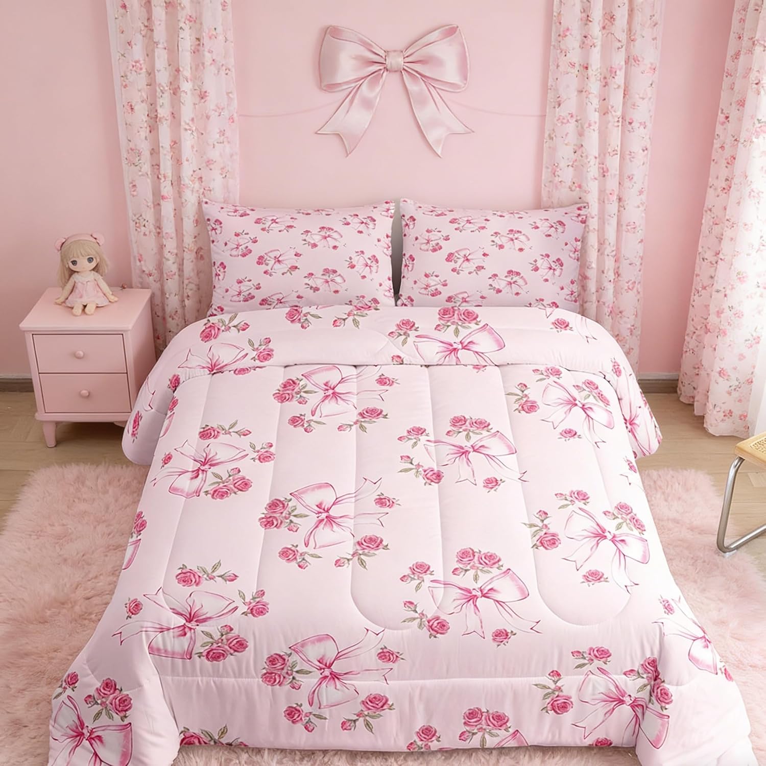 Feelyou Pink Flower Bow Bedding Set Soft for Boys Girls, Cute Floral Bowknot Comforter Set Twin Size Princess Bow-Tie Duvet Quilt Microfiber Bedroom Decor 2 Pcs with 1 Pillow Cases