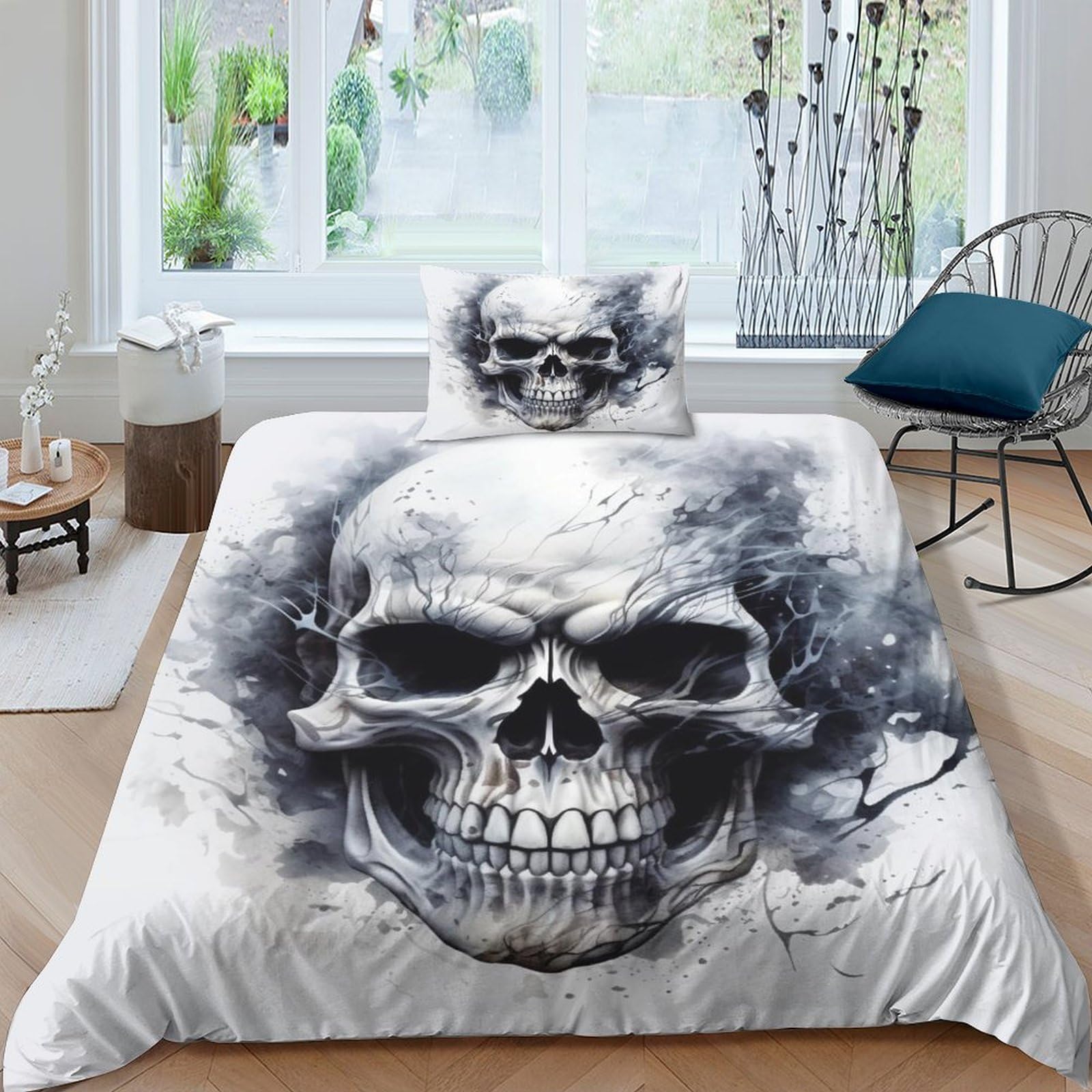 GEEYOU Skull Warmth to Sleep Duvet Cover Set Hidden Zipper Skeleton Quilt Cover Set with Pillowcases Bedding Set Soft Microfiber Comforter Cover Various Sizes Single（135x200cm）