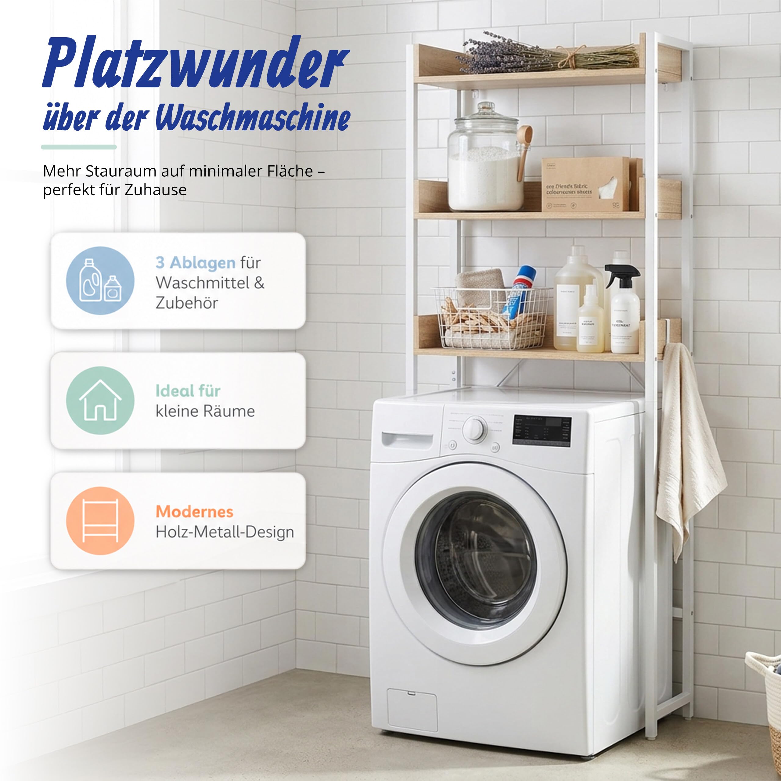 Relaxdays Waschmaschinenregal 3 Ablagen, braun-weiß | Regal über Waschmaschine, Trockner, Toilette, HBT 166,5x63x25cm
