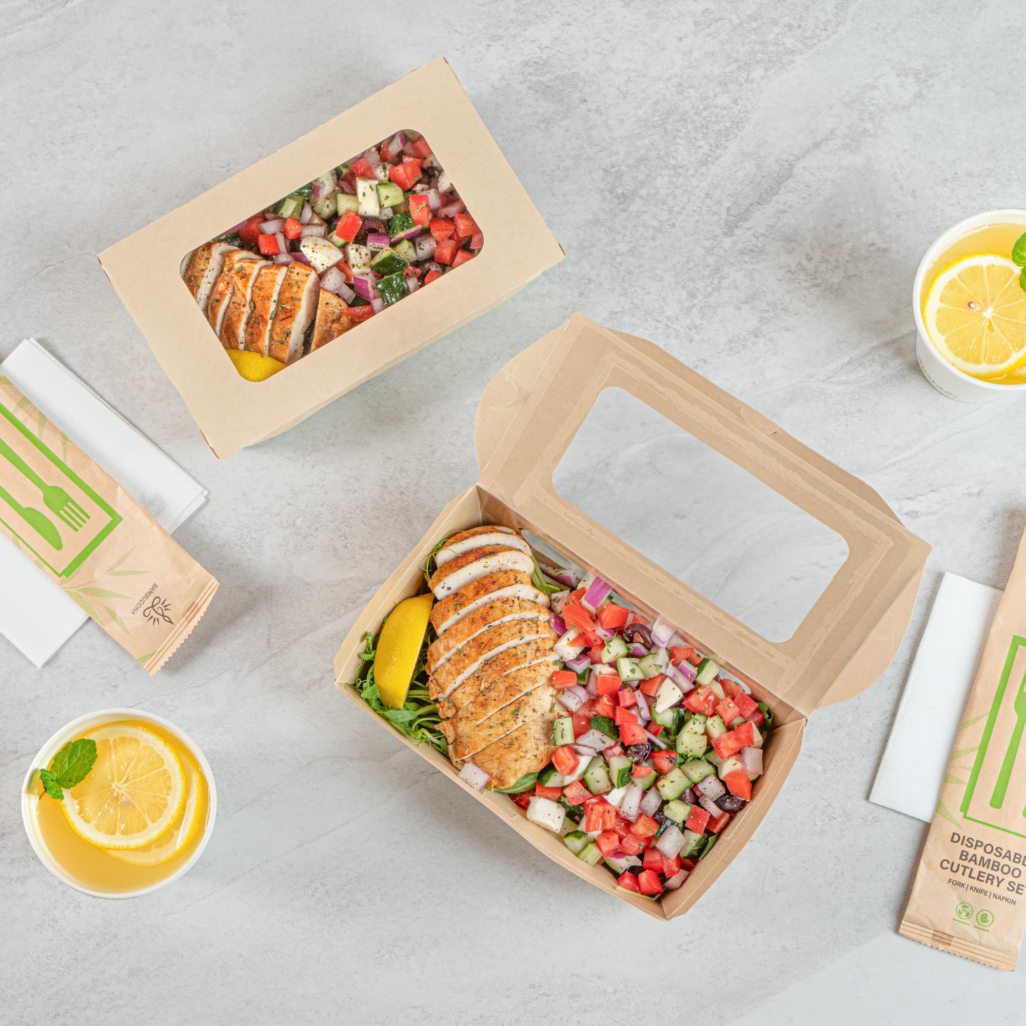 Restaurantware - Stabile Papierboxen zum Herausnehmen von 100 ml, 200 Einwegbehälter zum Herausnehmen – mit PLA-Futter, zwei transparenten Fenstern, Bambus-Papierbehältern, kompostierbar,
