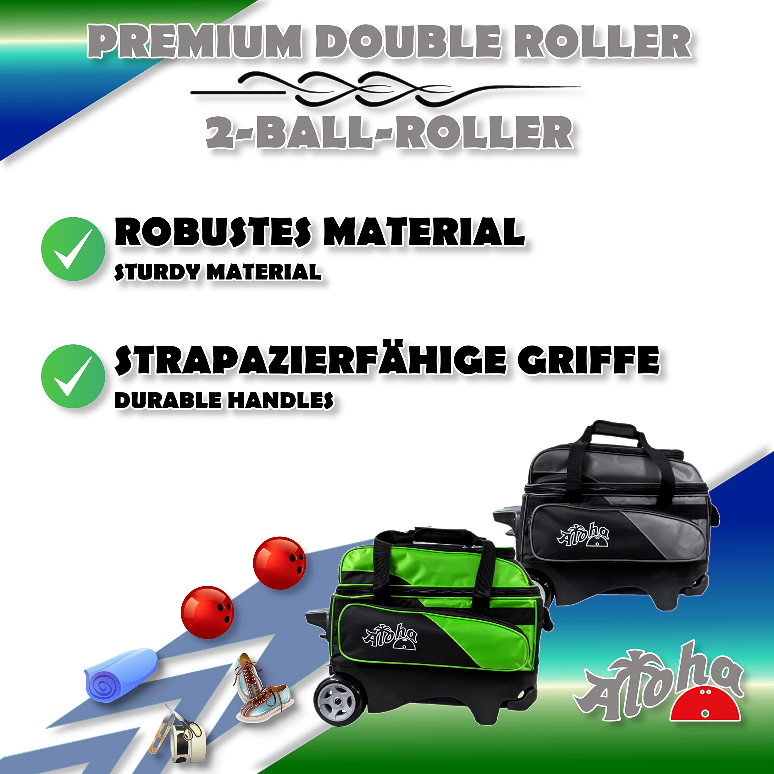 EMAX | Sac de bowling pour 2 boules de bowling | Aloha – Premium Double Roller – Trottinette à deux balles | Sac de bowling avec compartiment à chaussures et sac d'accessoires | 2 couleurs