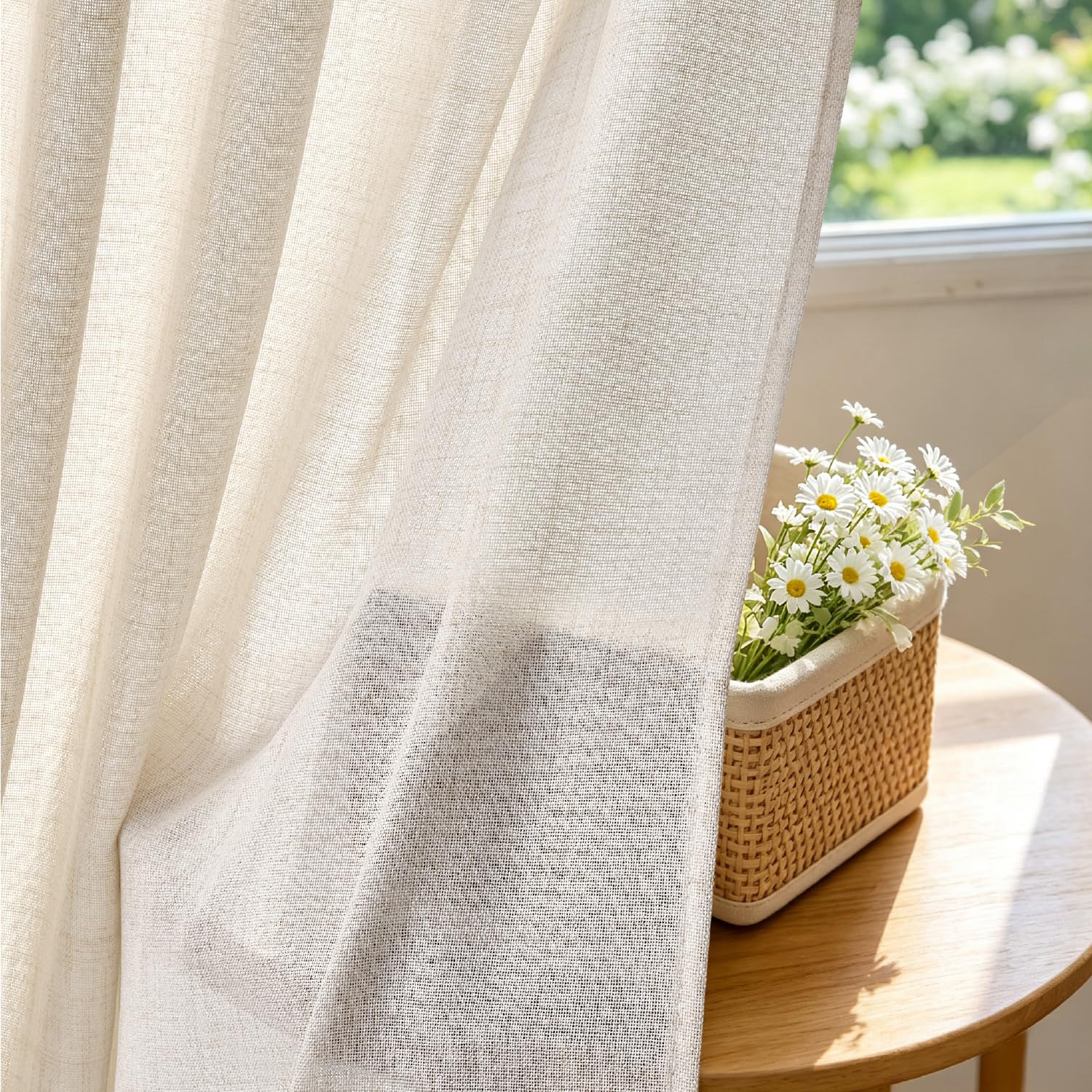 MIULEE Rideaux Aspect Lin Beige avec Ruban Lot de 2 140x260 cm | Tissu aspect lin semi-transparent pour salon et chambre; ruban pour une pose facile.