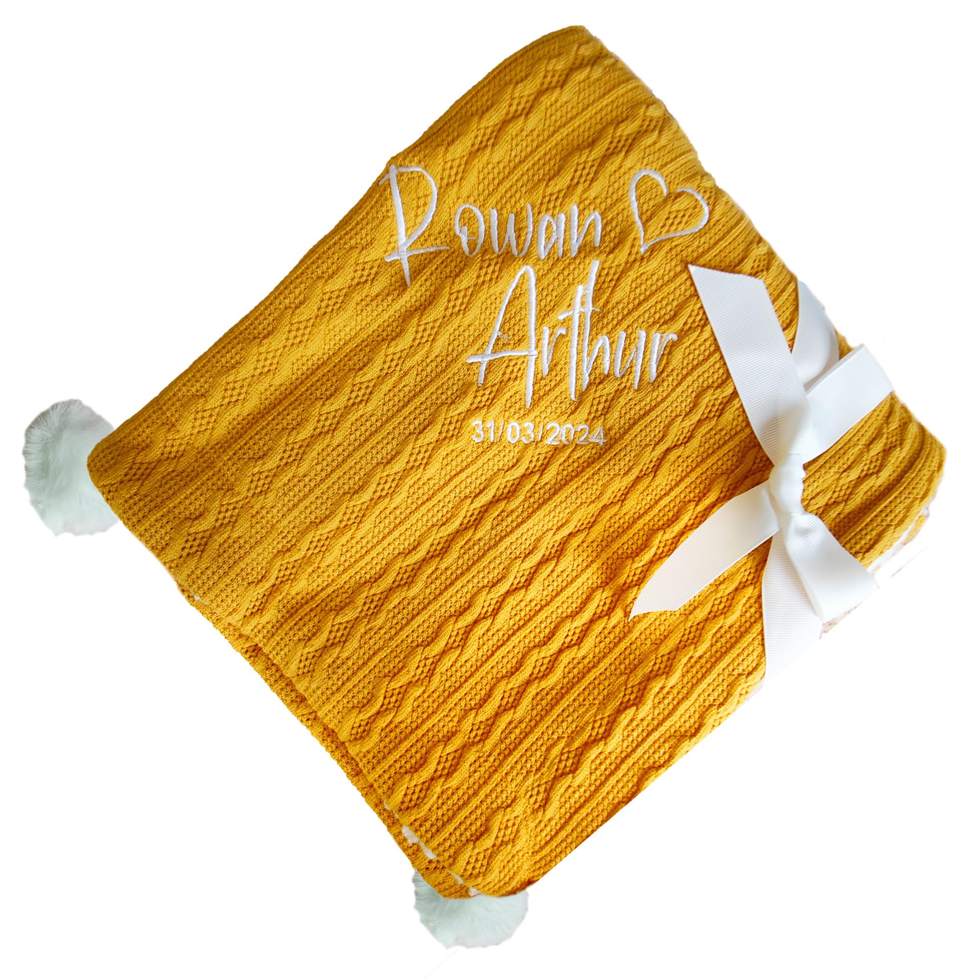 inspired creative design Personalised Embroidered Super Snuggly Cable knit wrap with pom pom's & sherpa back, New Born Baby Boy, Baby Girl Blanket (Mustard)