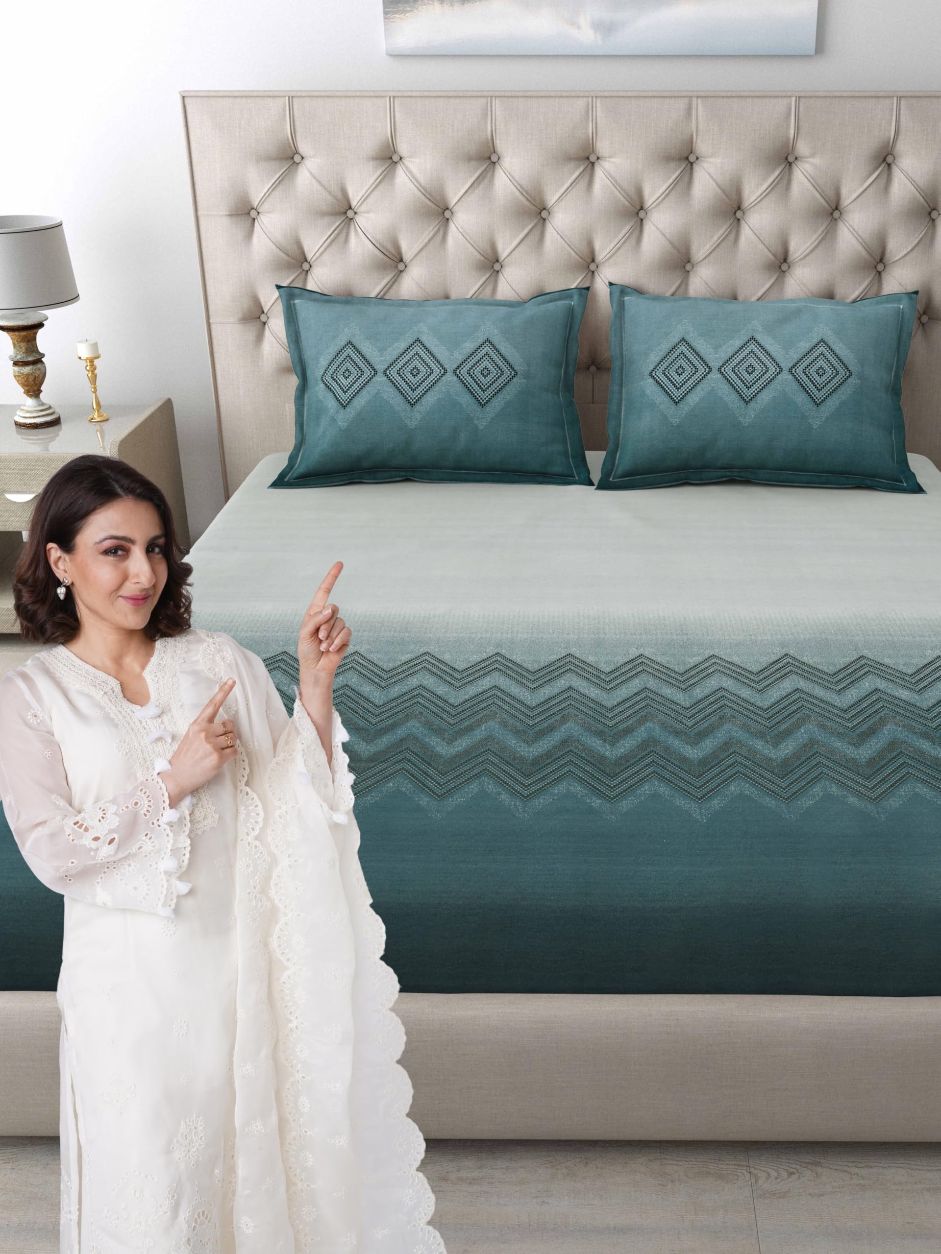 Mafatlal King Size Bedsheet - Beige Blue Leaf Print -9