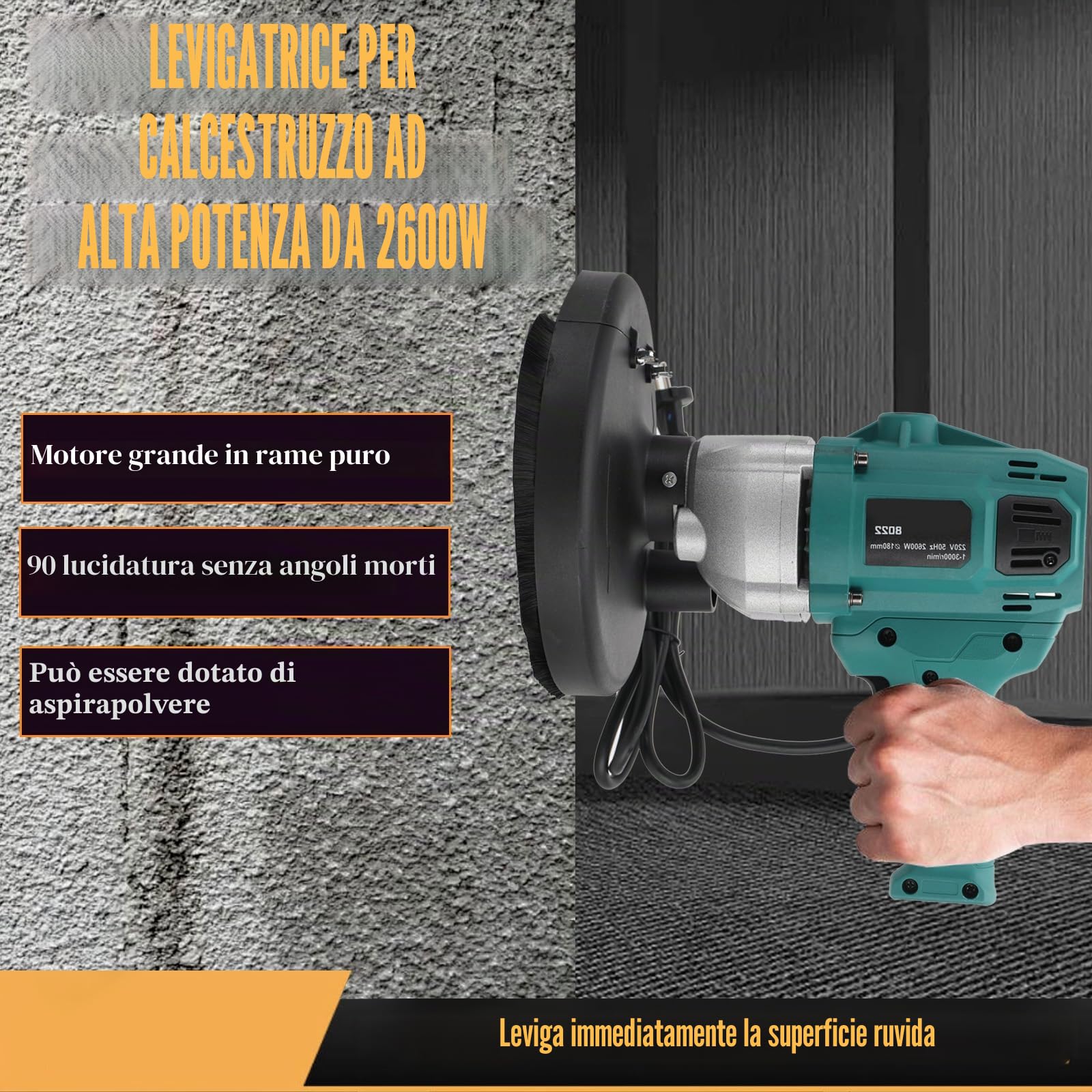 Smerigliatrice per cemento e calcestruzzo, 2600 W, 3000 giri/min, fresatrice e fresa per calcestruzzo, 180 mm, per lucidatura di pareti in cemento