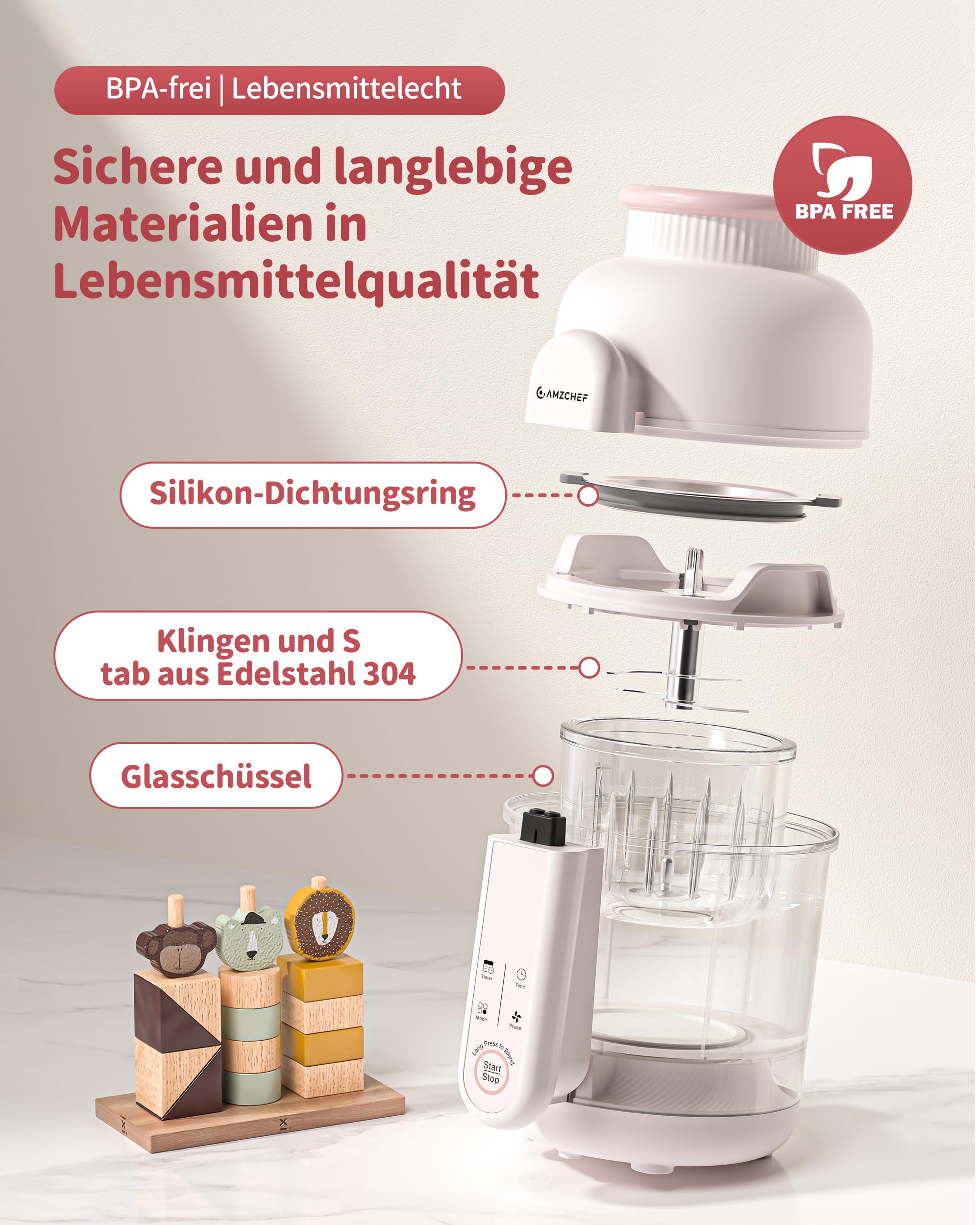 AMZCHEF Babynahrungszubereiter mit Dampfkorb – 6-in-1 Automatisches Kochen & Mixer mit Altersauswahl und Timer, Babybrei Zubereiter für verschiedene Zutaten, spülmaschinenfest und BPA-frei