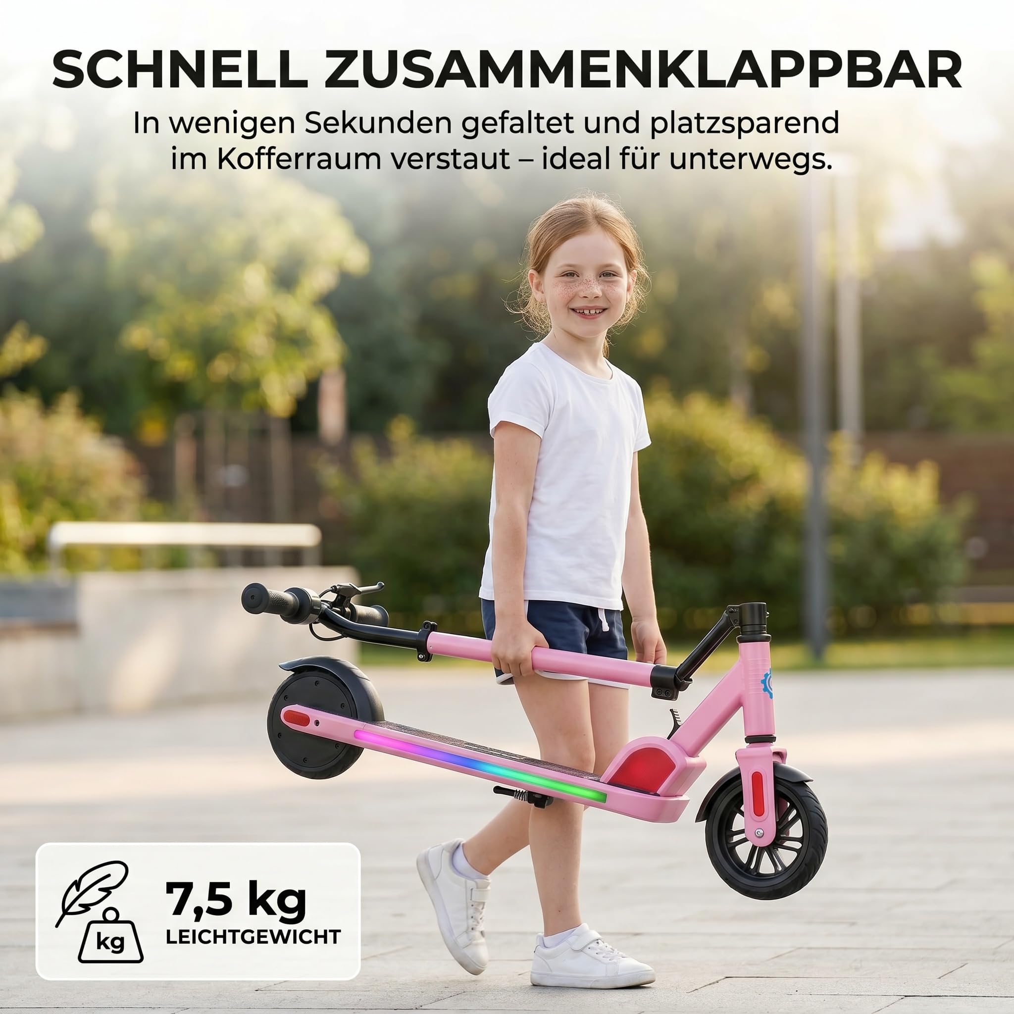 Caroma Patinete eléctrico para niños de 6 a 12 años, Motor de 150 W hasta 16 km/h, Alcance de 12 km, Patinete eléctrico Plegable con Luces Coloridas y Pantalla LED, Velocidad y Altura Ajustables