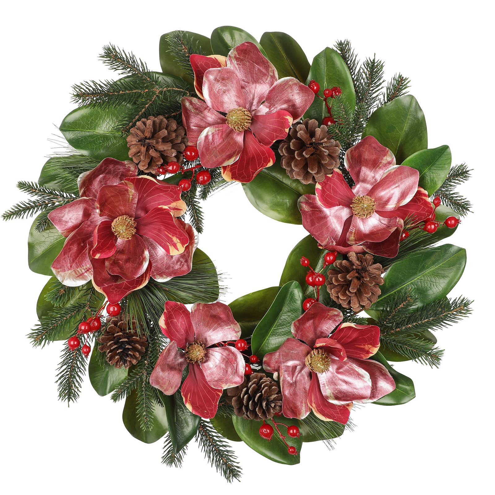 61 cm Künstlicher Magnolien-Weihnachtskranz Großer Weihnachtskranz Deko mit Magnolienblüten, Tannenzweigen und Tannenzapfen für Zuhause, Wand, Fenster, Weihnachtsdekoration für drinnen und draußen