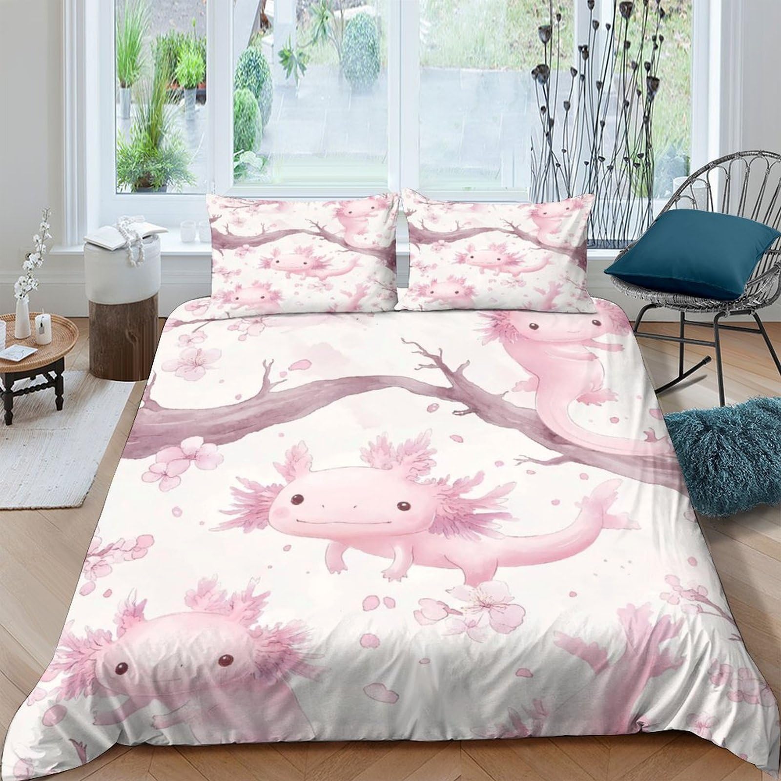 Ctjqhvkz Style-1 3D Printed Pink Axolotl Fitted Sheet Microfiber Soft Cherry Blossom Bed Cover For Bedroom Dorm Mattress Decor Single（135X200cm）