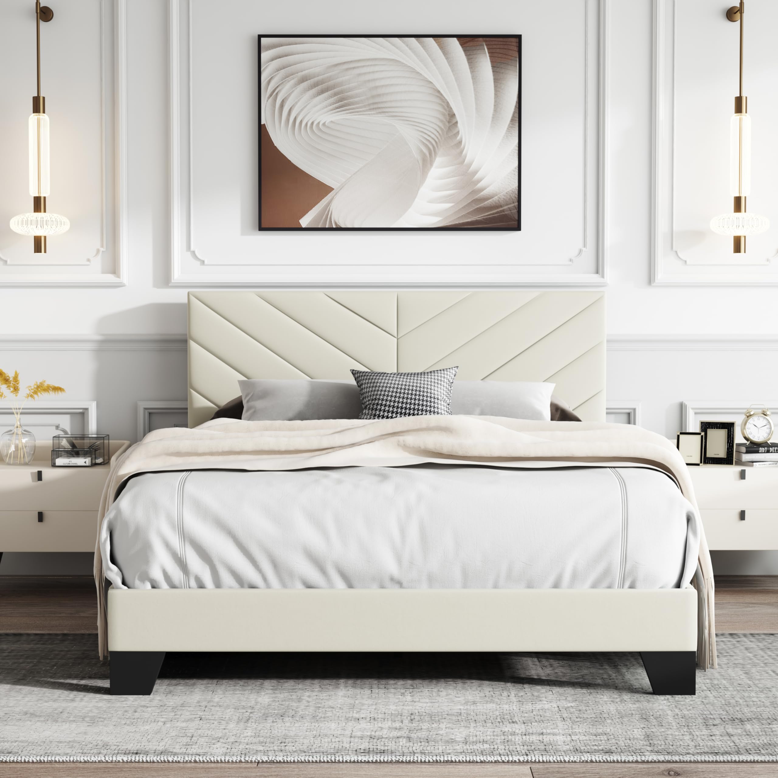 Photo 1 of IOILORI Full Size Bed Frame Platform with Upholstered Headboard, Sturdy Wooden Slats, Noiseless, No Springs Required, Easy to Assemble Beige