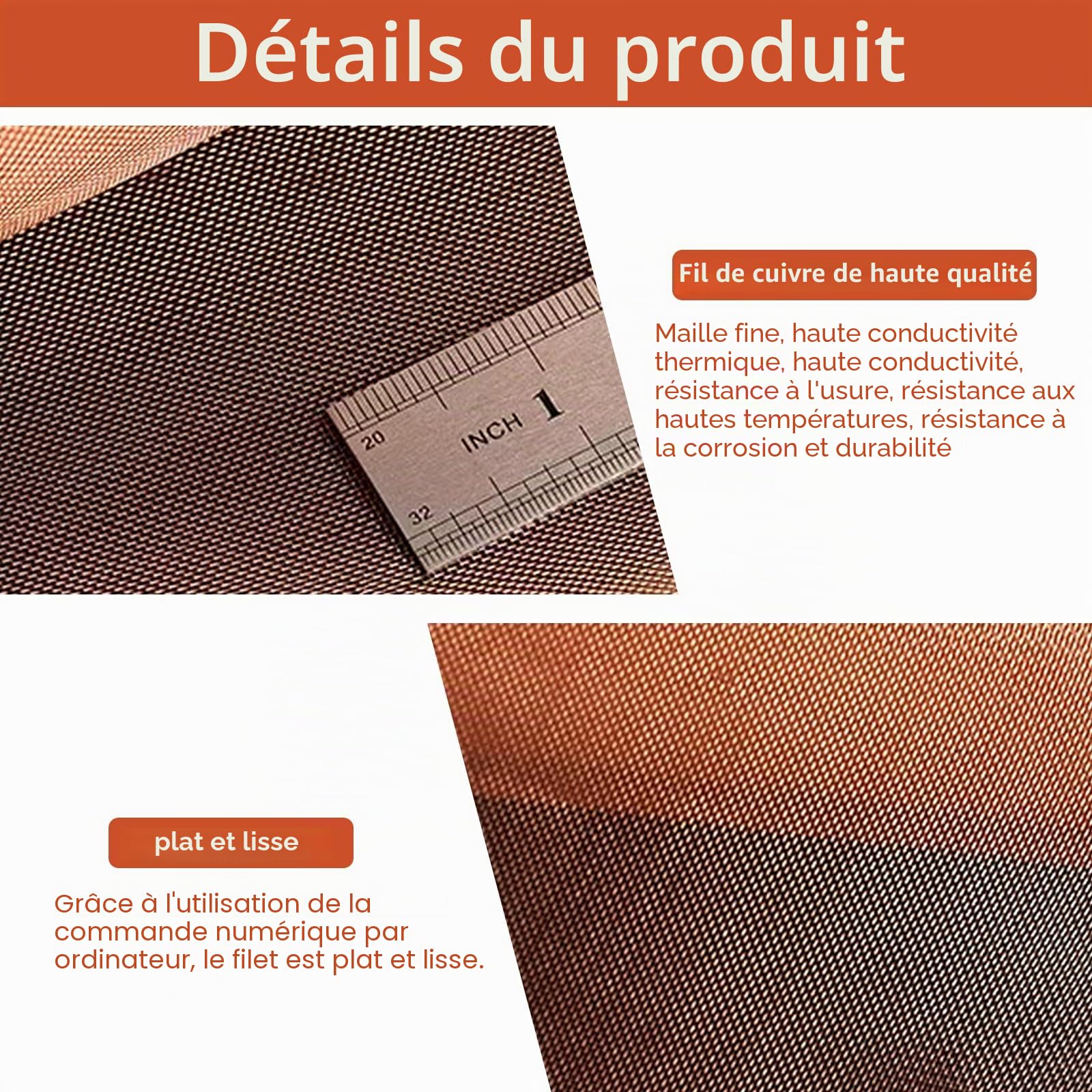 Treillis en fil de cuivre pur - Maille en laiton tissé - Pour tissu filtrant dense, climatisation, sol de construction antistatique, 40 mailles (30 x 150 cm)