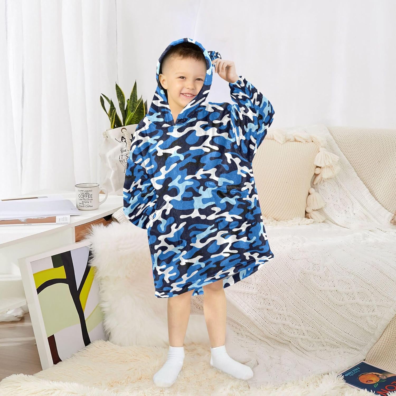 Blue Camouflage Kids Wearable Blanket Hoodie with Pocket and Sleeves for Toddlers, Cute Hoodies Girls Boys B0403960