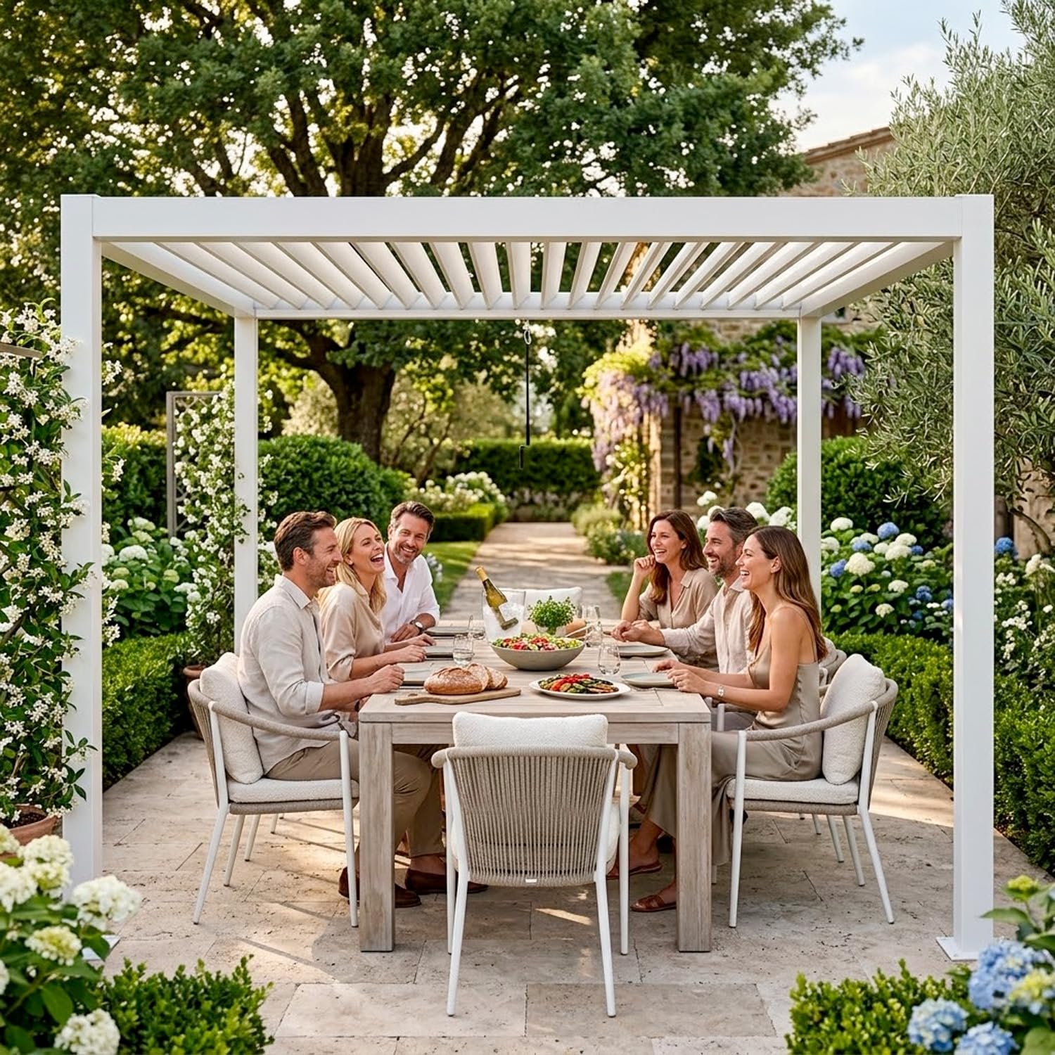 Pergola Bioclimatica 3x4 Metri Gazebo Con Tetto A Lamelle Orientabili Sistema Di Drenaggio Struttura In Alluminio E Acciaio Resistente Ai Raggi UV Per Giardino Terrazza E Piscina Bianco Opaco