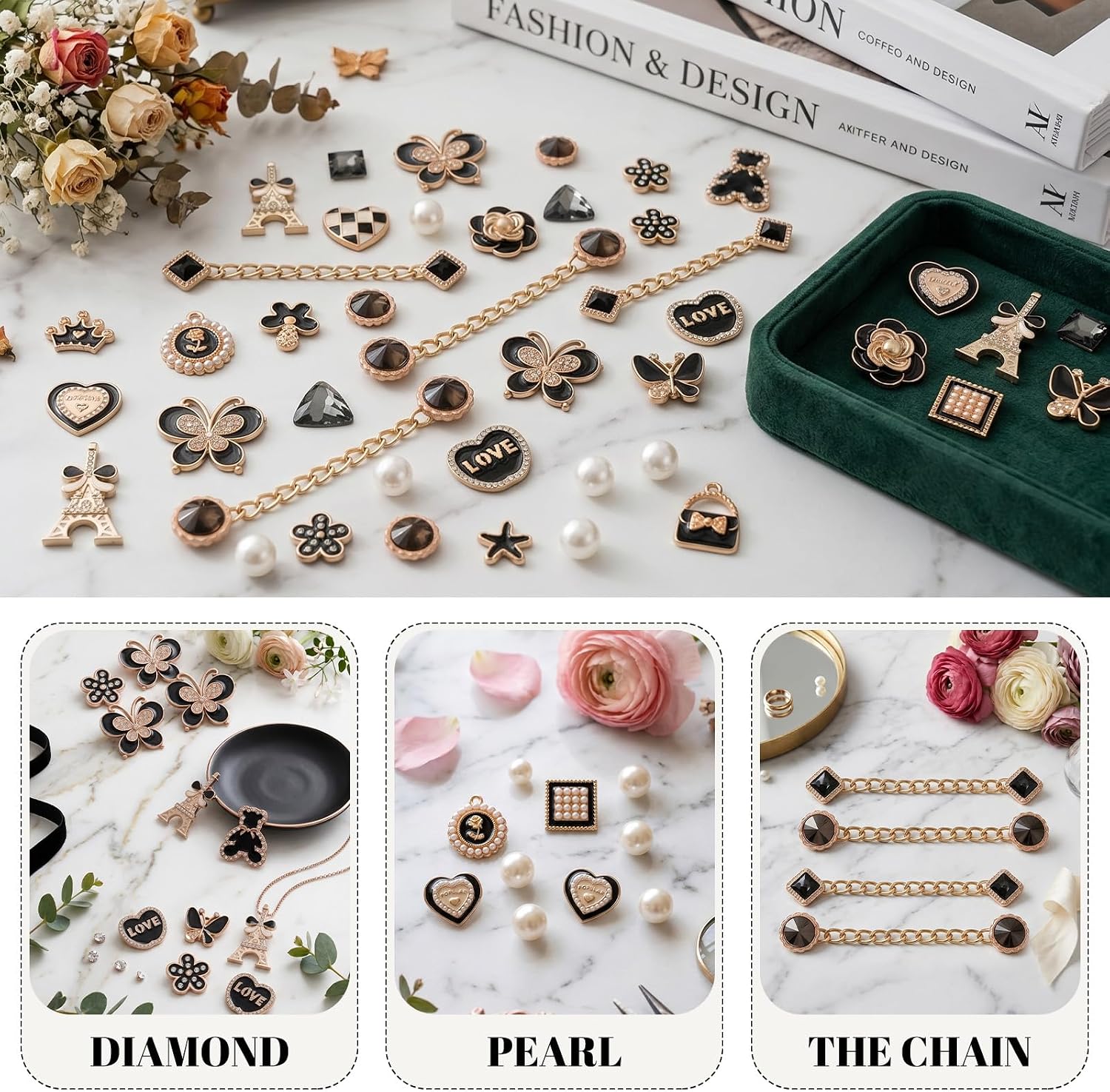44 Pcs Bling Shoe Charms for Women, Sparkle Flower Bear Shoe Decoration Charms Heart Shoe Charm, Gold Shoe Chains for Clog Sandals, DIY Shoe Accessories for Party Favor
