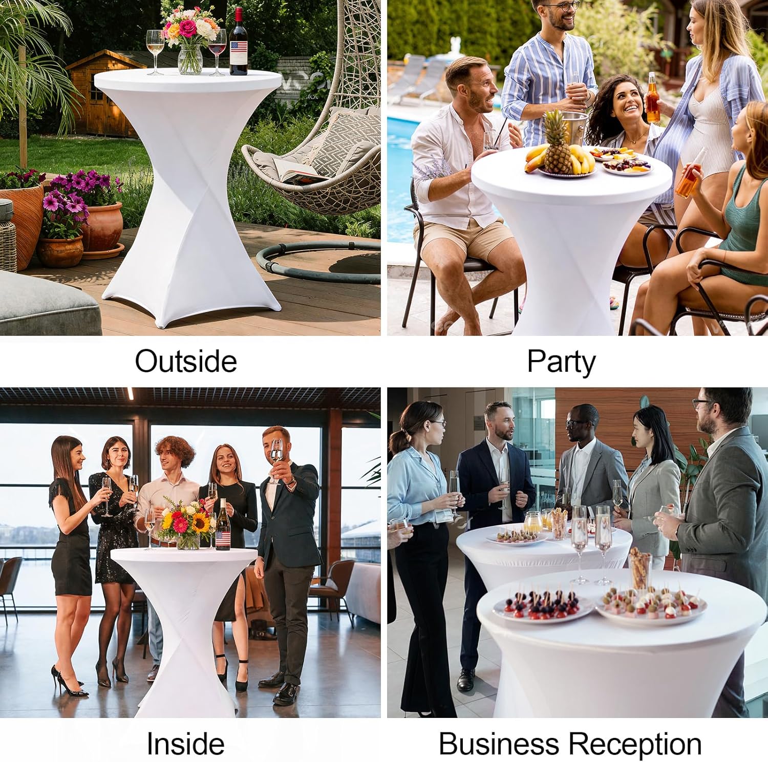2 Set 32" Cocktail Table with Table Covers Round FoldingTables White 32" x 43" High Top Tables Bar Height with Removable Legs for Parties Patio Backyard Dining Room Wedding Party