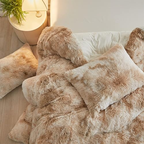 Miniatura 4 de Jameswish Juego de funda de edredón de felpa lanuda súper suave y esponjosa de pelo sintético, juego de ropa de cama de lujo de 3 piezas (1 funda de