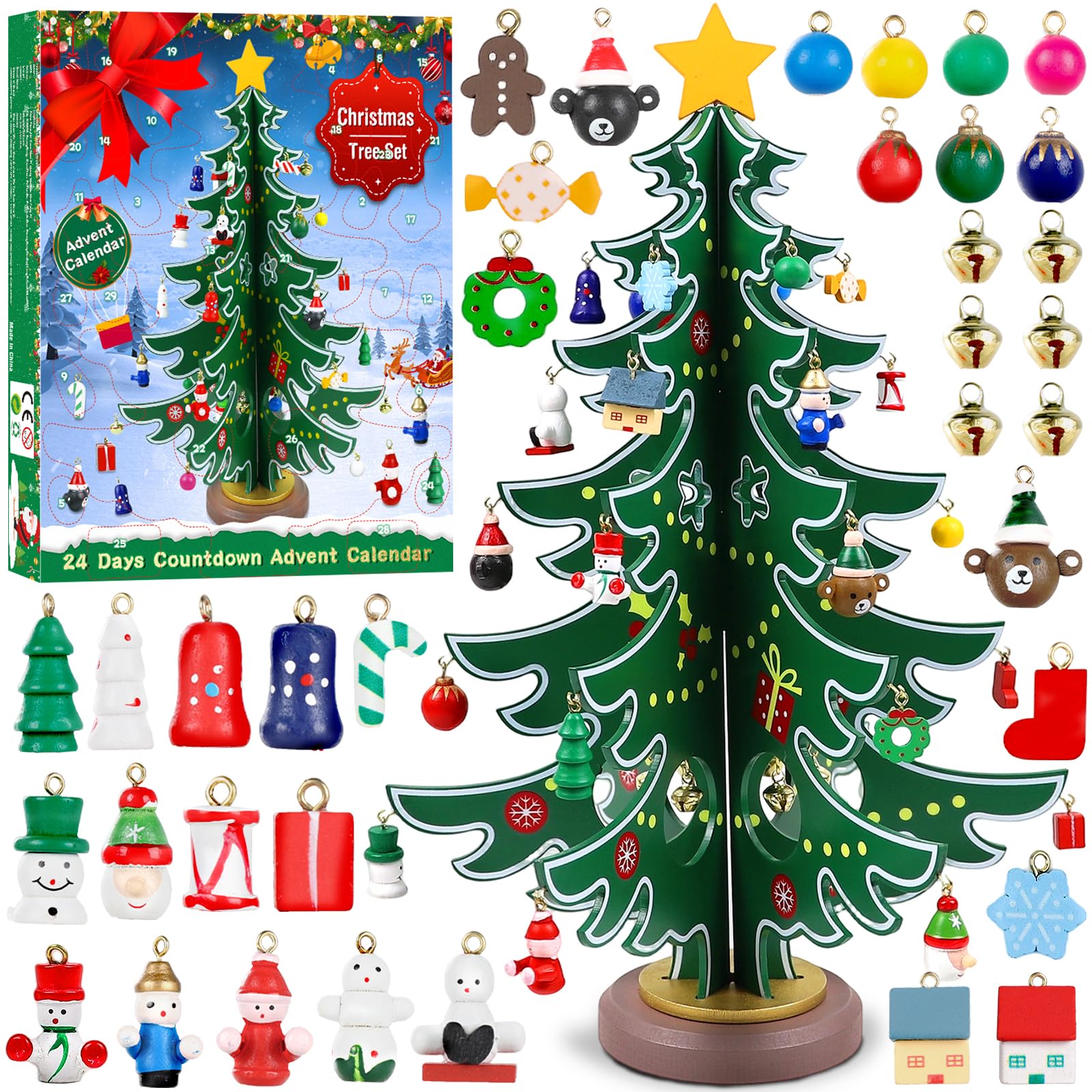 Christmas Advent Calendar 2025, 24 Days Countdown Surprises Tabletop Wooden Christmas Tree with 36 Ornaments Countdown Advent Calendar MIni Xmas Tree Desk Decoration for Boys, Girls and Kids Gifts