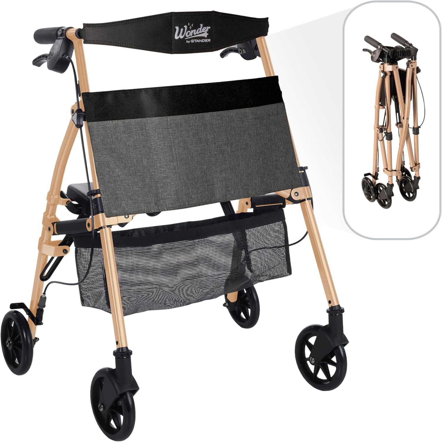 Stander Wonder Rollator Plus Short, Lightweight Junior Folding Mobility Aid for Petite Adults, Seniors, and Elderly, Collapsible Travel Rolling Walker with Four Wheels and Seat, Desert Sand Desert Sand Short
