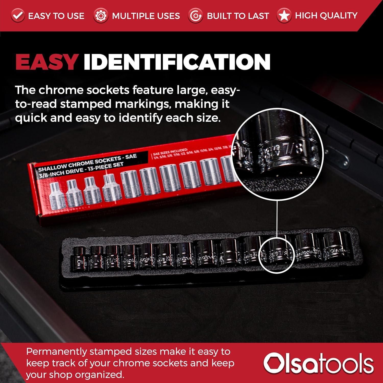 Olsa Tools SAE Shallow Socket Set - 3/8-Inch Drive, 13pc - 6-Point Chrome Sockets 1/4" to 1" and No Skipped Sizes - Mechanic Shallow SAE Socket Set - Professional Grade Short Sockets - Part: 1333