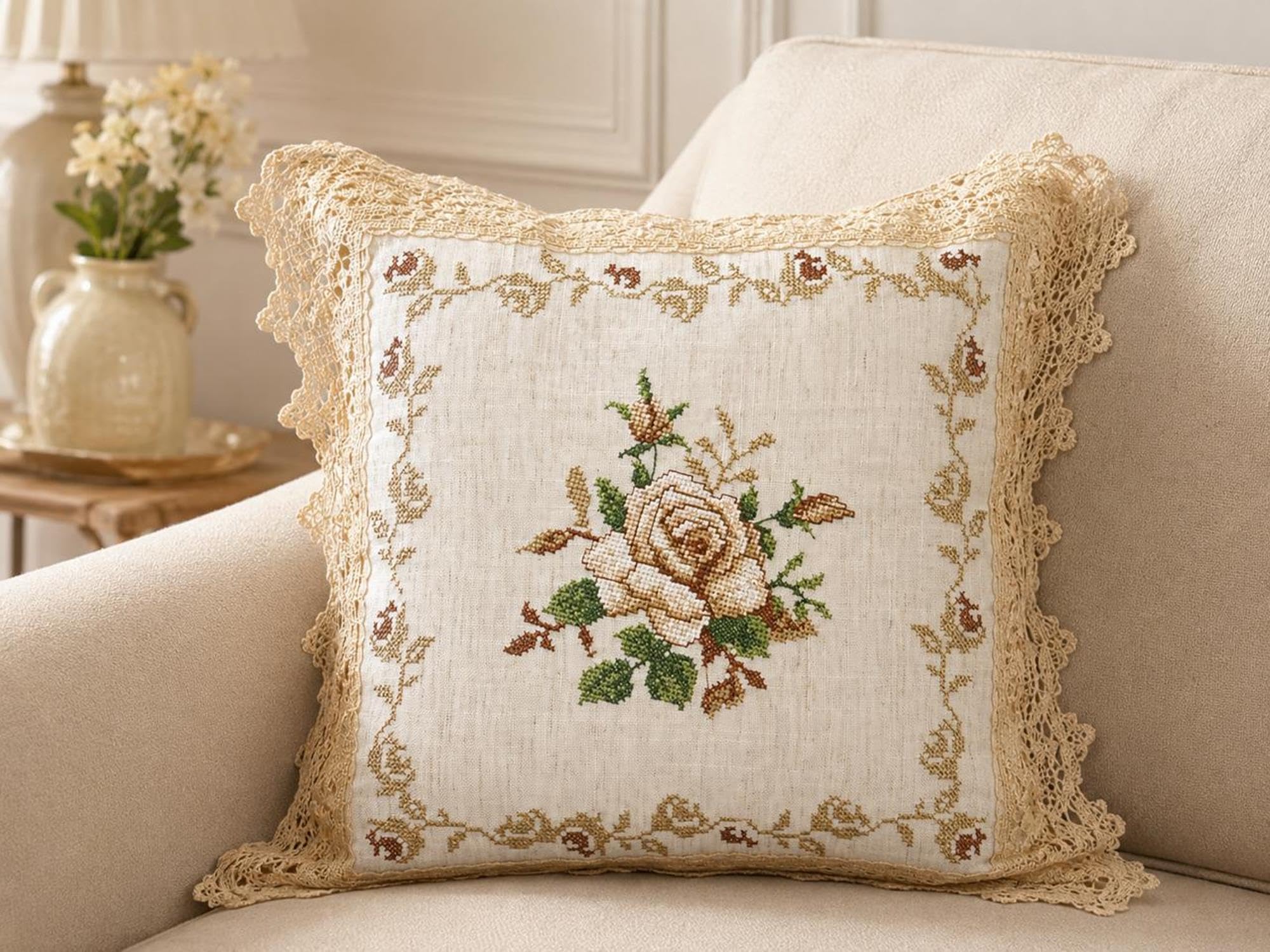 MONKDECOR (O.F Rustic Farmhouse Cushion Cover 16 x 16 Inch, Embroidered Floral Pillow Cover with Lace Trim, Decorative Accent Cushion Covers for Sofa Bed Chair, Brown Flower on Golden (Pack of 1)-image-46