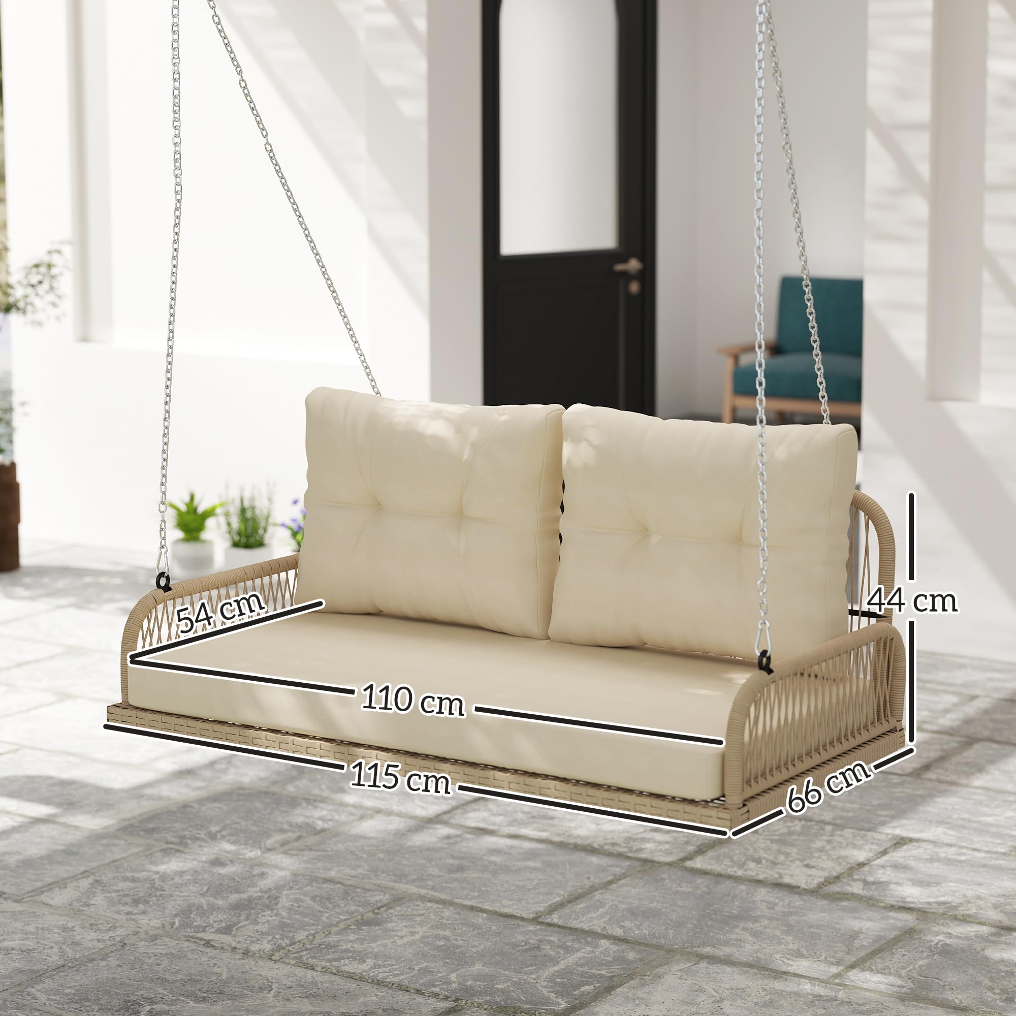 Outsunny Balancelle de Jardin en Résine Tressée 2 Places avec Coussins Amovibles, Charge 240 kg, 115x66x44cm, Beige