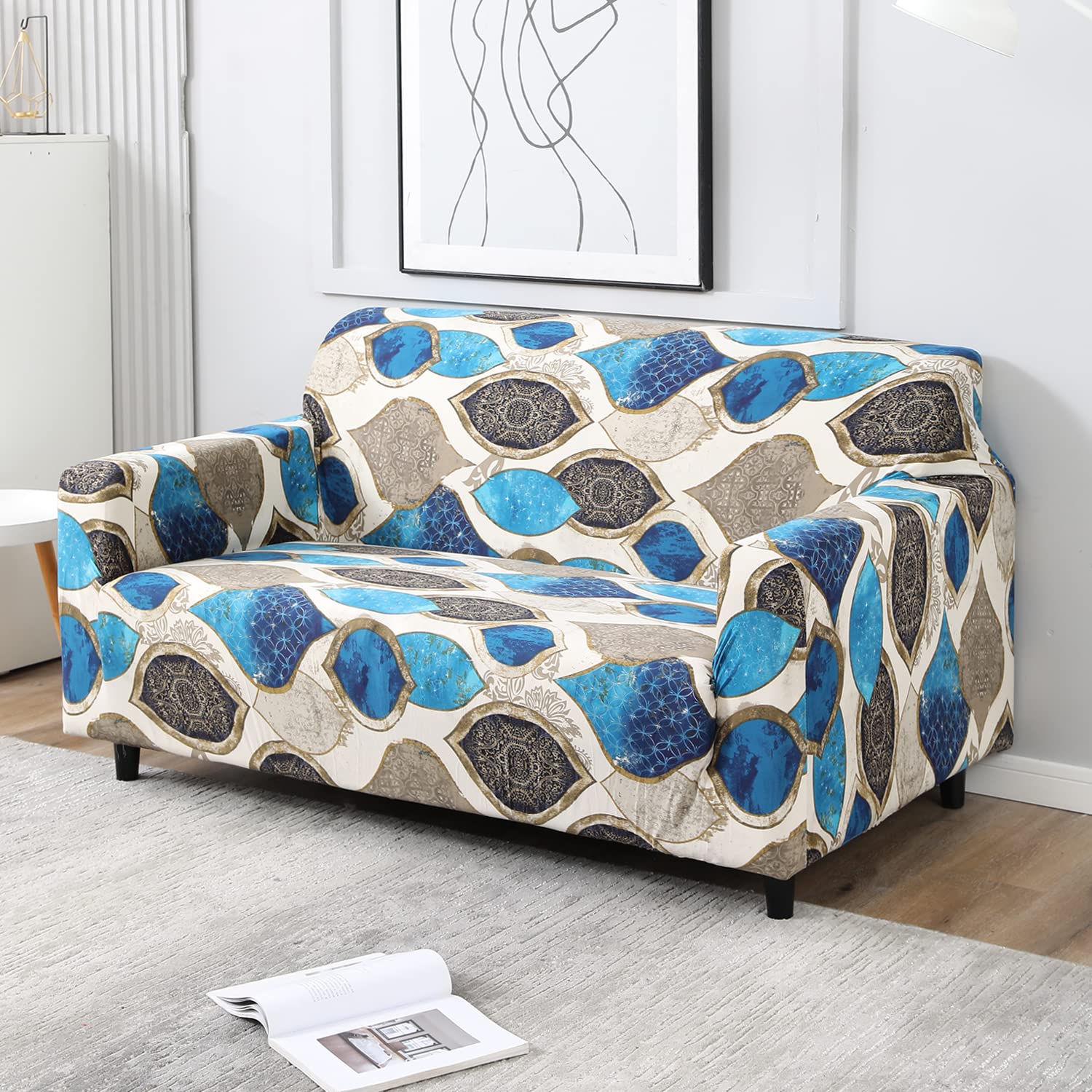 HOKIPO Elastic Stretchable Sofa Cover 2 Seater, Blue Egyptian Art (AR-4094-D13)