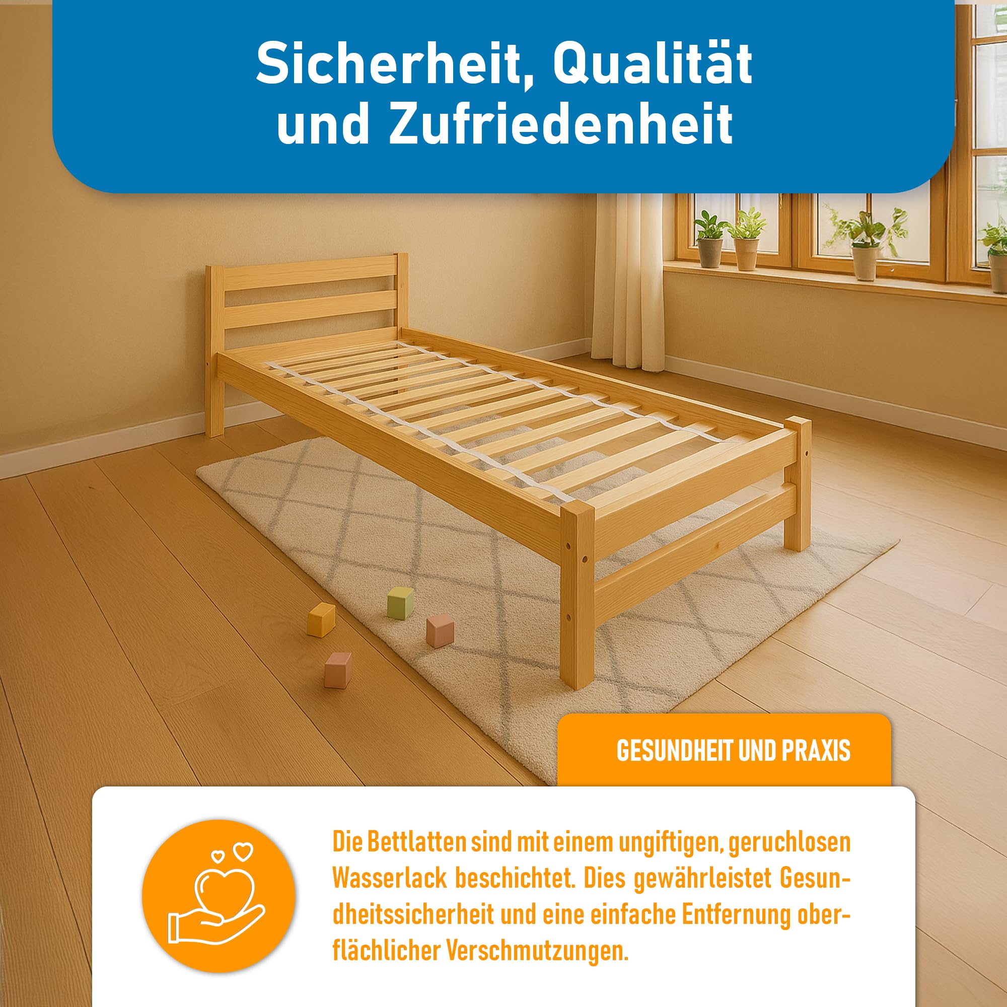 Kinderbett 90x180 cm mit Lattenrost - Einzelbett aus Kiefer Massivholz - Kinder Bett Montessori – Jugendbett – Tagesbett ohne Matratze