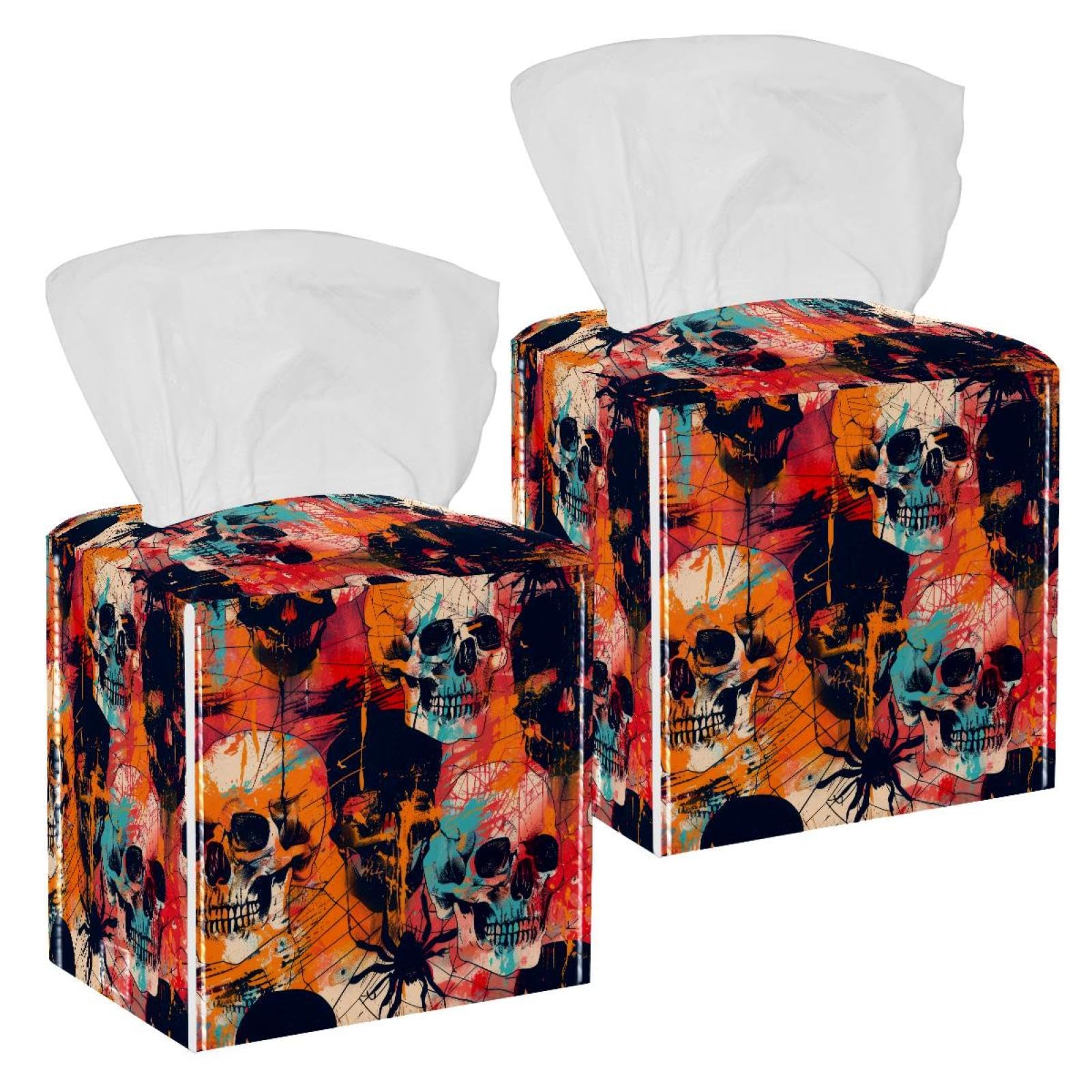Skulls Spiders Tissue Box Cover, 2 Pack PU Leather Square Facial Tissue Dispenser Box holder for Home Office Car