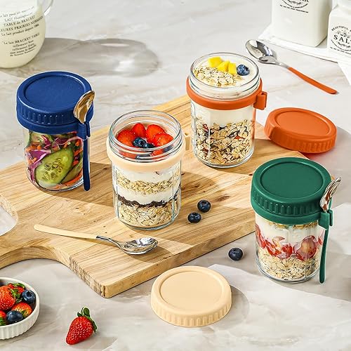 Miniatura 6 de Paquete de 4 recipientes de vidrio para avena durante la noche con tapas y cucharas, tarros de 16 onzas para avena durante la noche, a prueba de