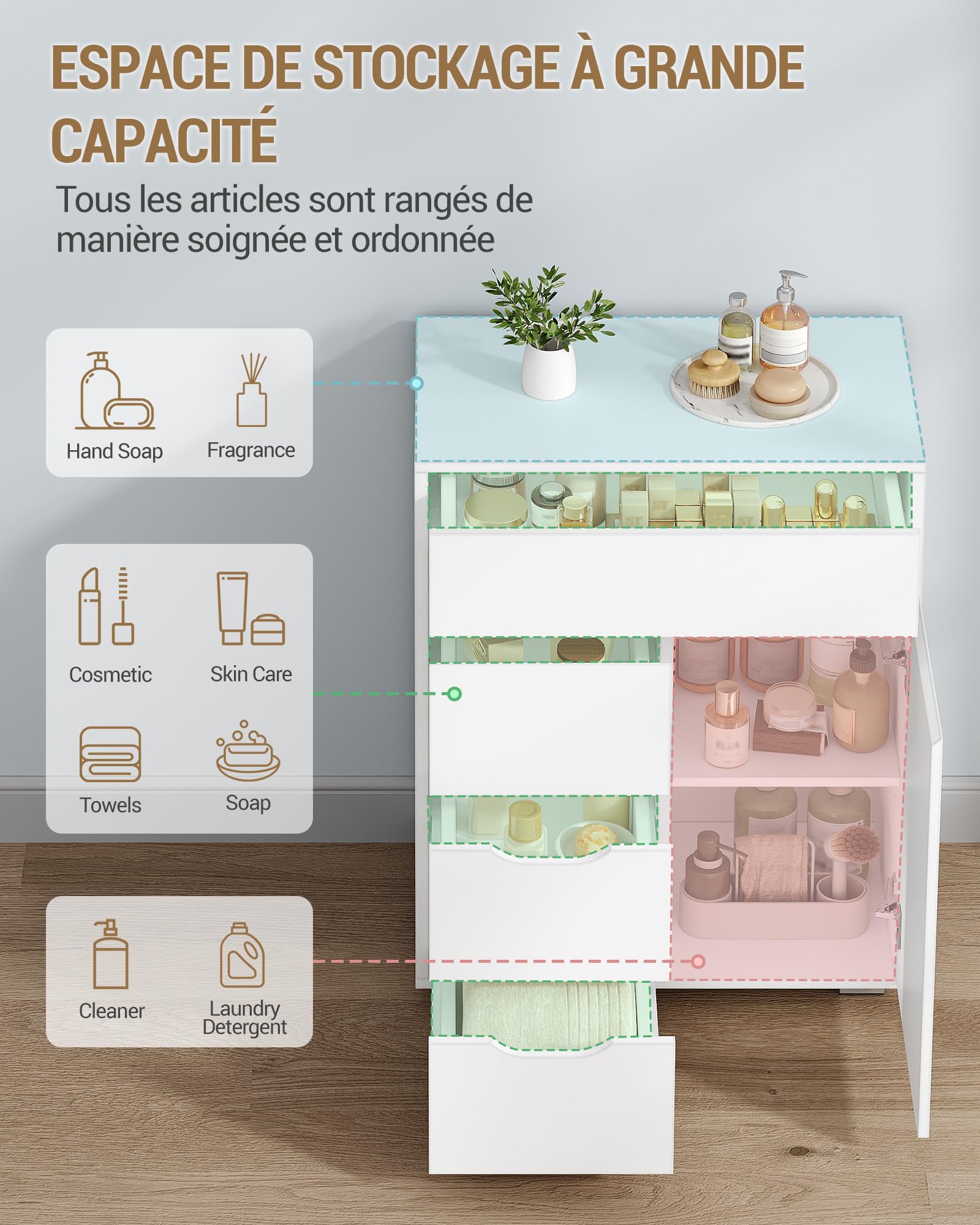 Hzuaneri Meuble Salle de Bain,Armoire de Rangement avec Étagère Réglable