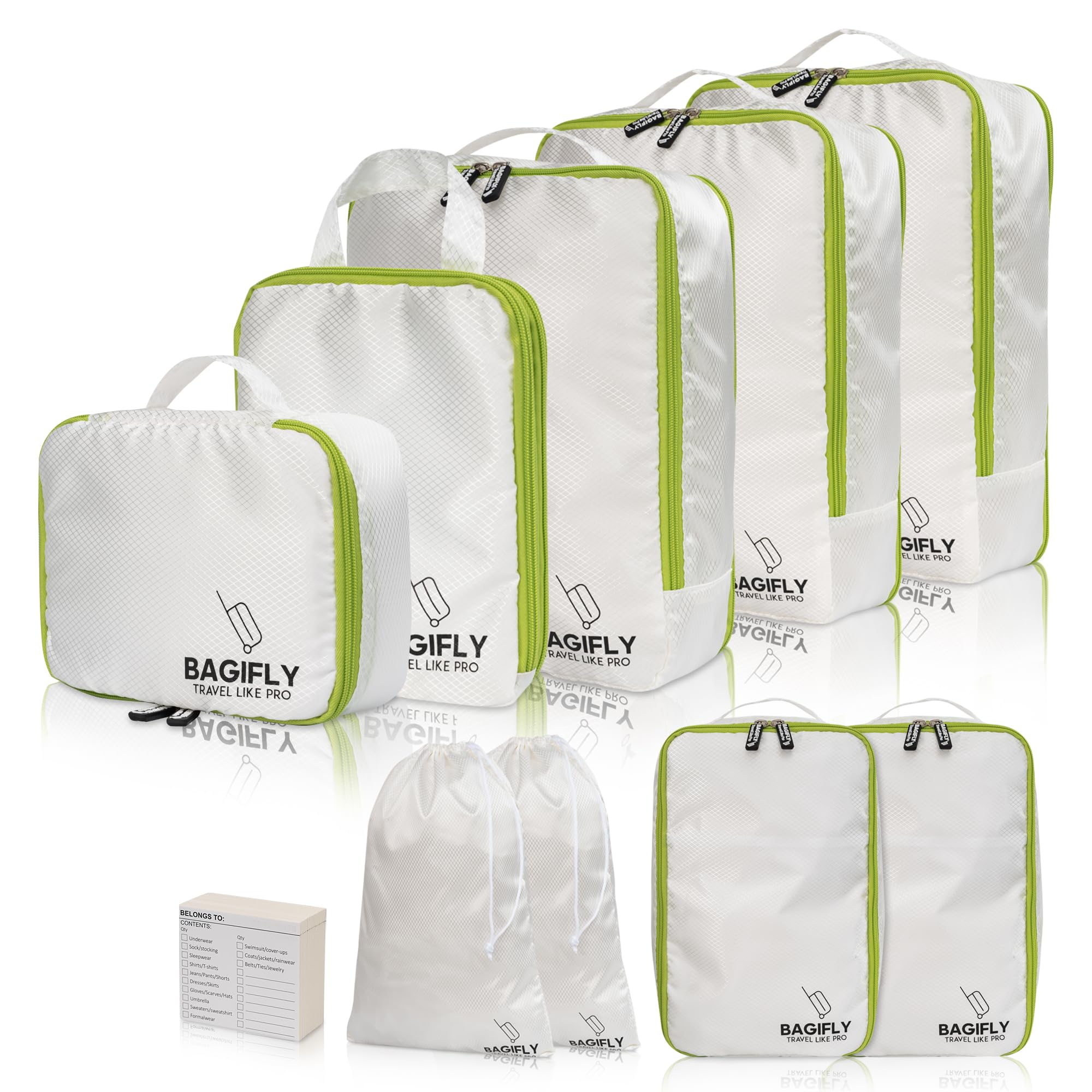 BAGIFLY 9-Piece Premium Compression Packing Cubes Set: Travel Essentials for Suitcases, Backpacks & Luggage - Space-Saving, Ripstop Fabric, Breakfree Zipper, Wrinkle-Free Strap (White)