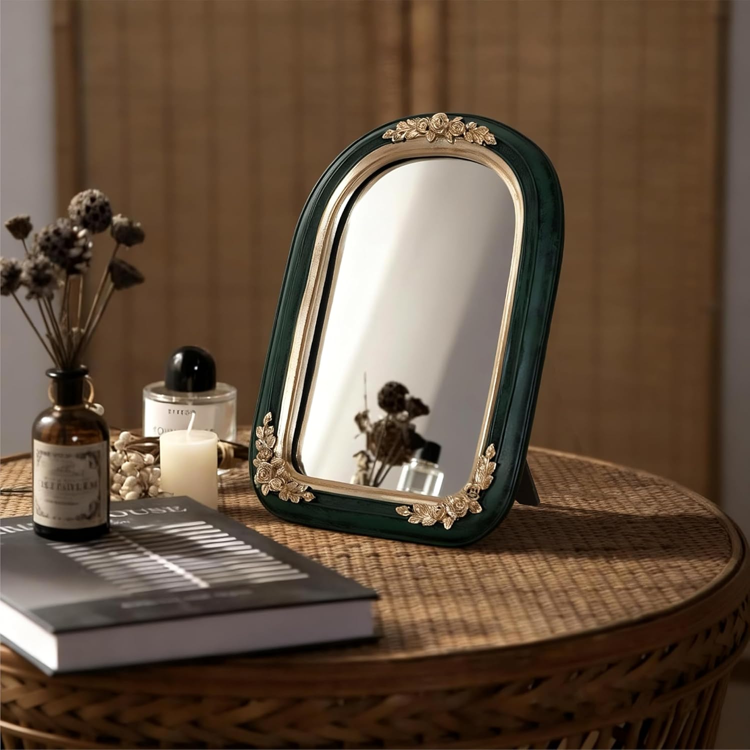 Arched Vanity Mirror Resin Frame Emerald Green and Gold Antique Rose Desktop Accent (Green)