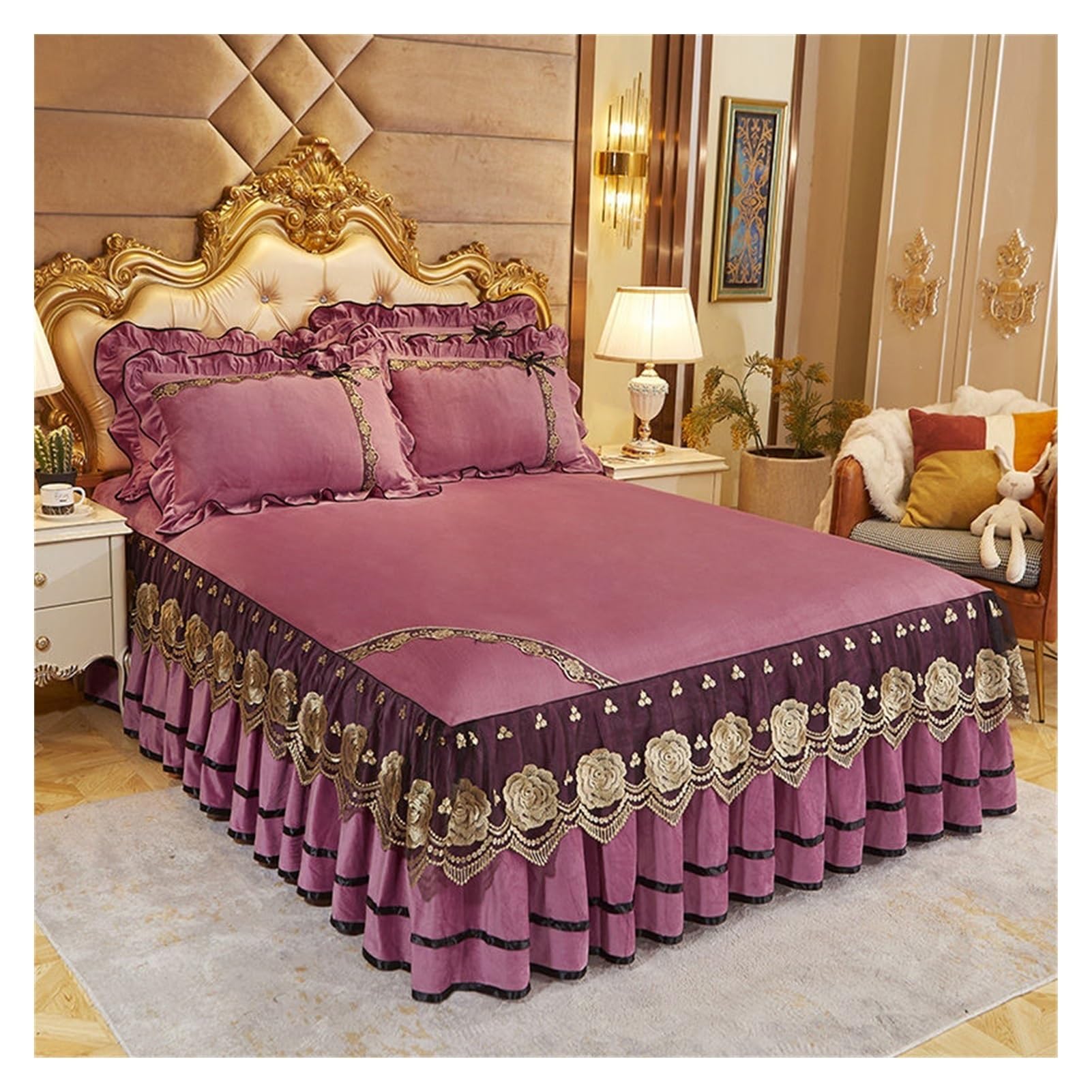WENYOG Bed skirts Luxury Bedspread On The Bed Wedding Bed Sheet Lace Bed Cover Blanket Fabric King Queen Size Bed Skirt With Pillowcases(Bean paste,3pcs 180x220cm)